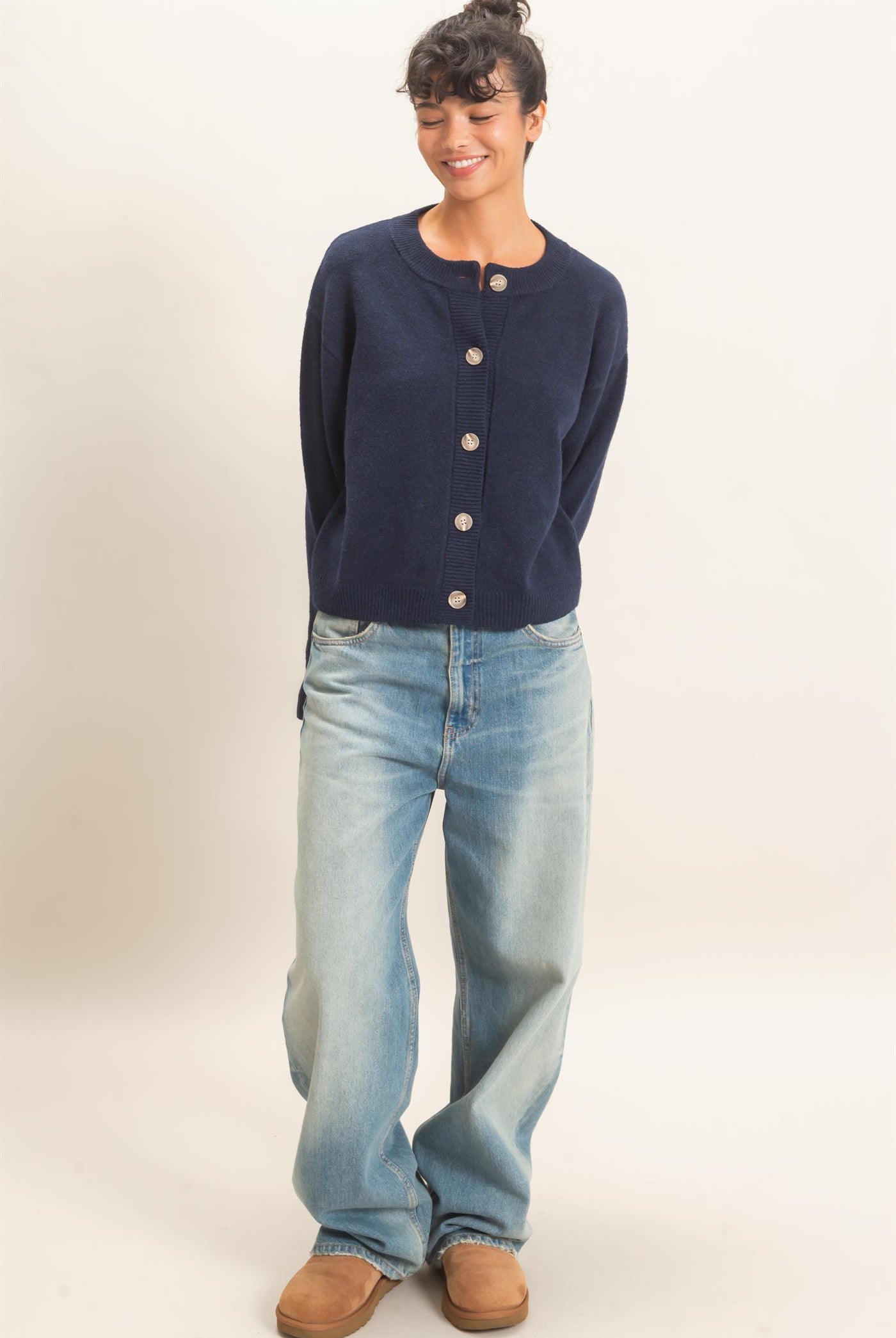 Wholesale Crew Neck Button Front Cardigan Cardigans DZ26E639 NAVY DOUBLE ZERO