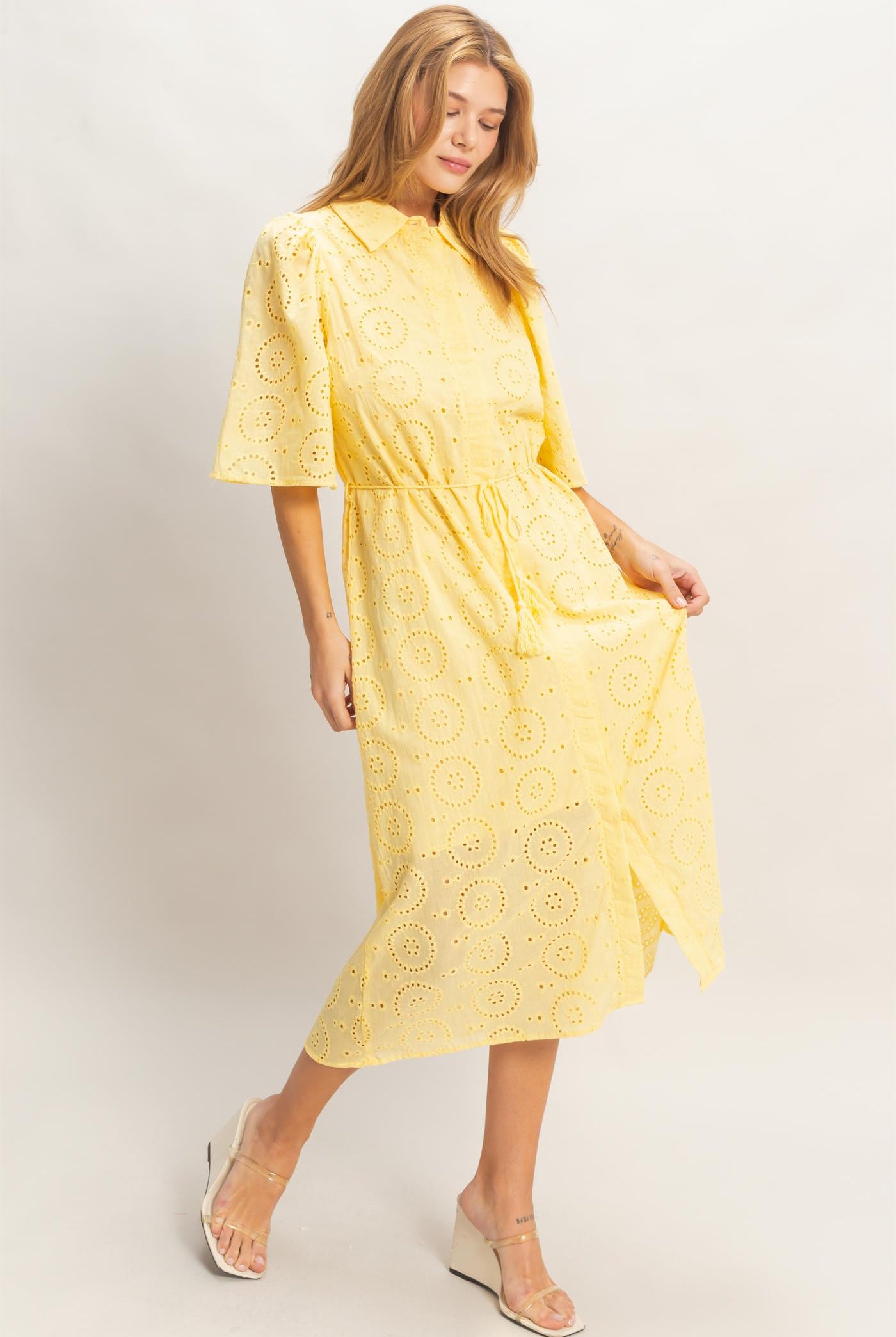 Wholesale Eyelet Collared Midi Dress Dresses HF26A021 YELLOW HYFVE
