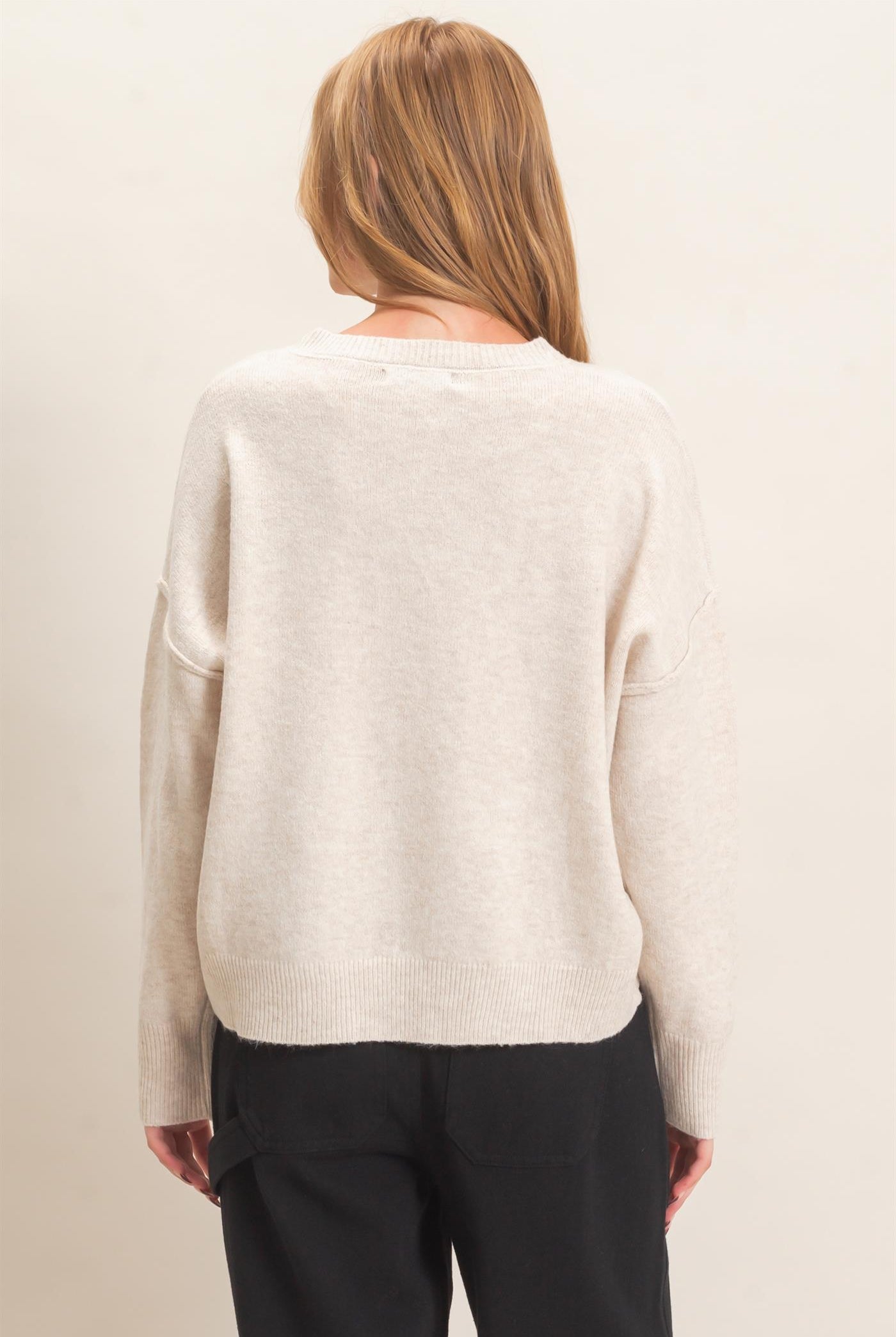 Wholesale Crew Neck Sweater With Ribbed Hem Sweaters HF26E203-D OATMEAL HYFVE