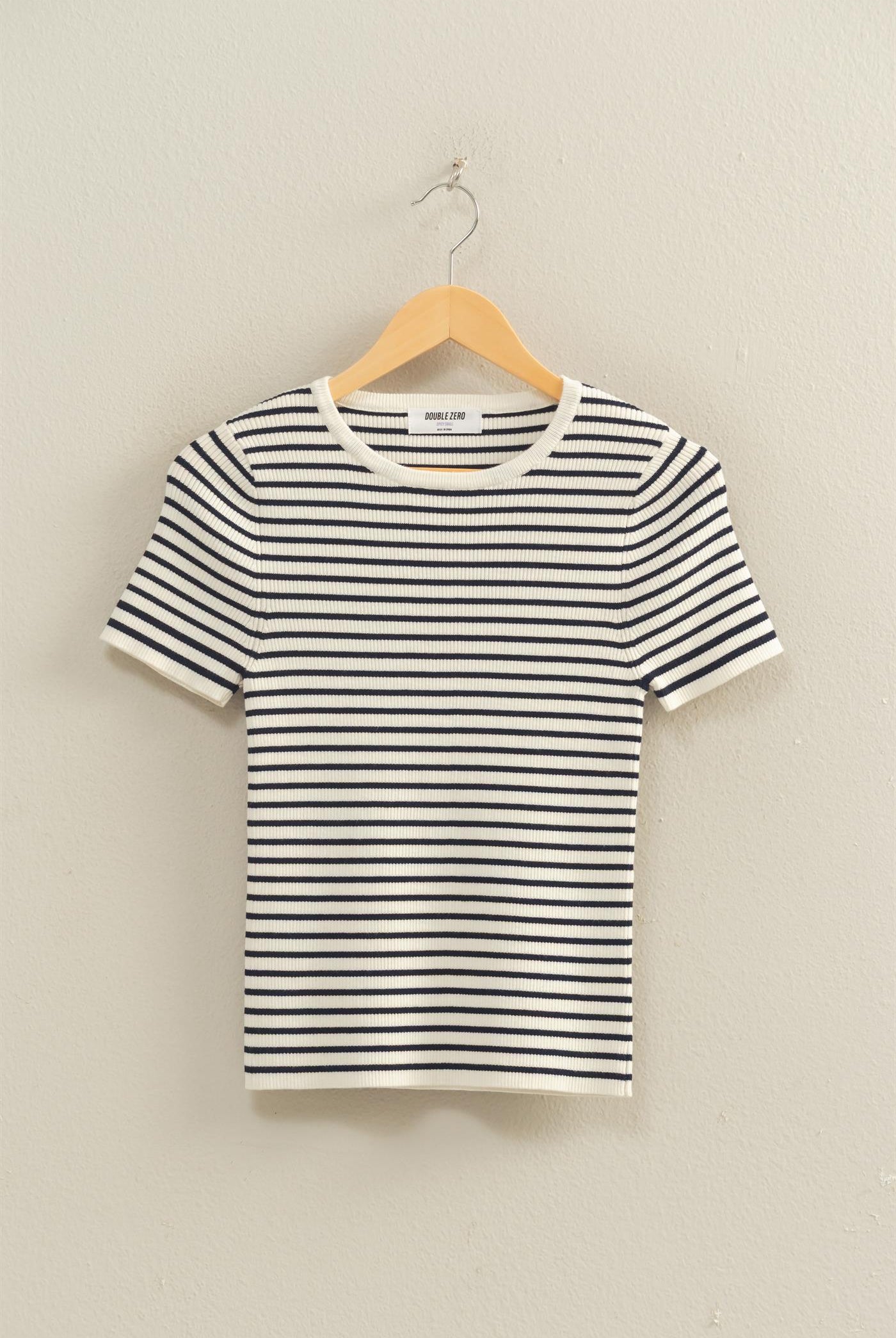 Wholesale Striped Ribbed Short Sleeve Crew Neck Knit Top Clothing Tops DZ26A450 NAVY DOUBLE ZERO