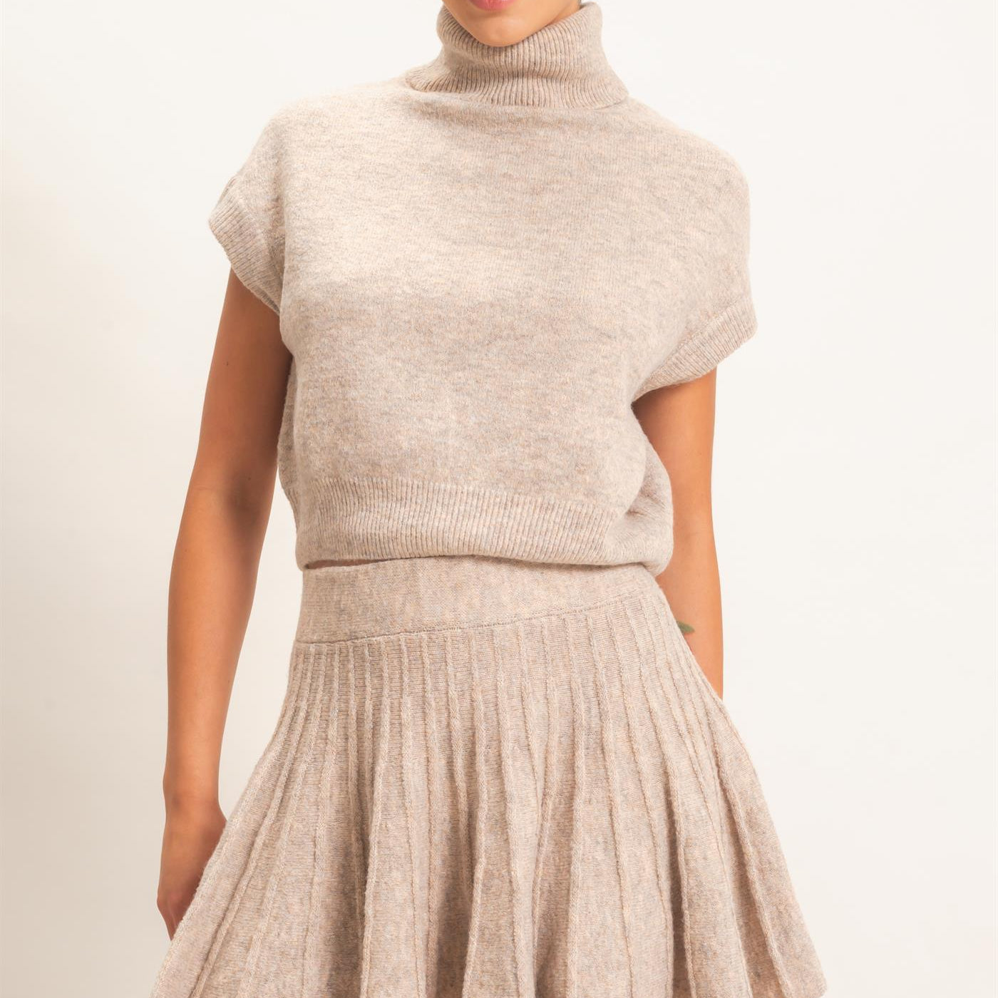Wholesale Turtleneck Crop Top And Pleated Skirt Set Clothing DZ26C981-SET DARK TAUPE DOUBLE ZERO