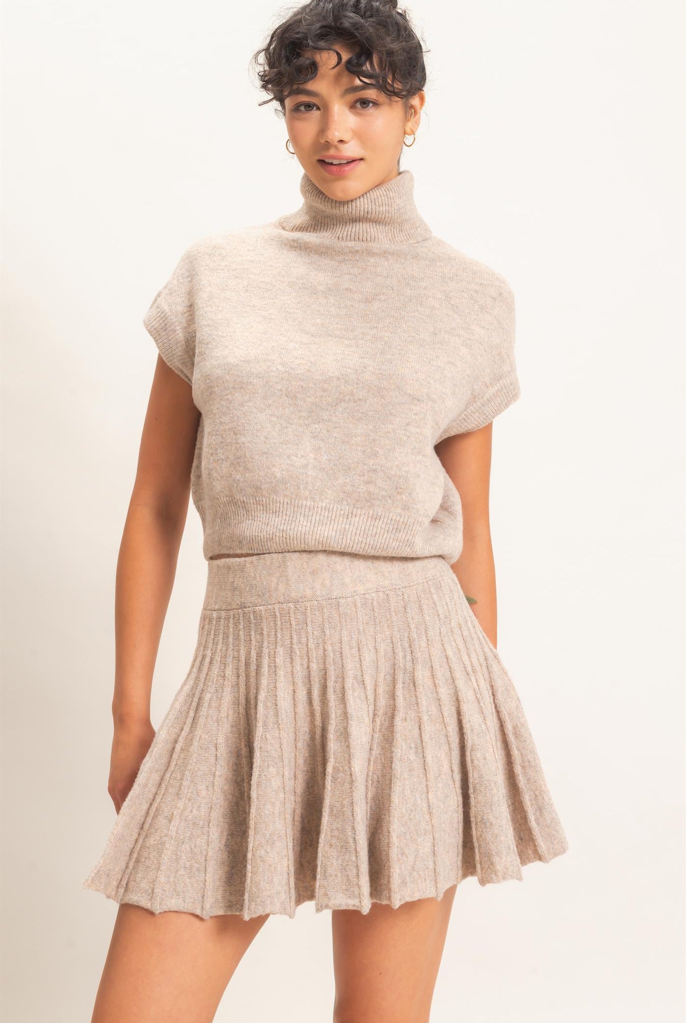 Wholesale Turtleneck Crop Top And Pleated Skirt Set Clothing DZ26C981-SET DARK TAUPE DOUBLE ZERO