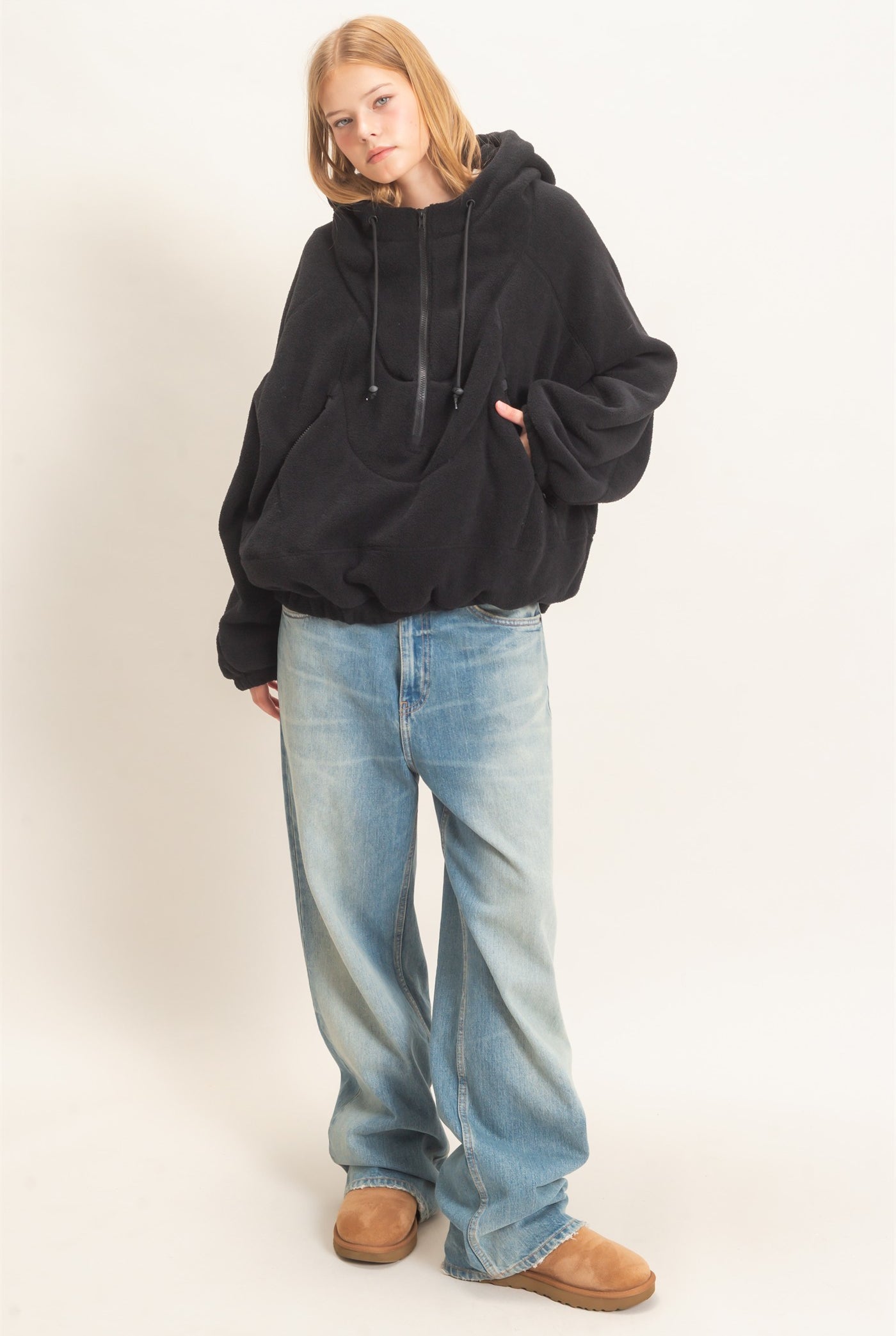 Wholesale Half-Zip Fleece Hoodie Hoodies HF26E561 BLACK HYFVE
