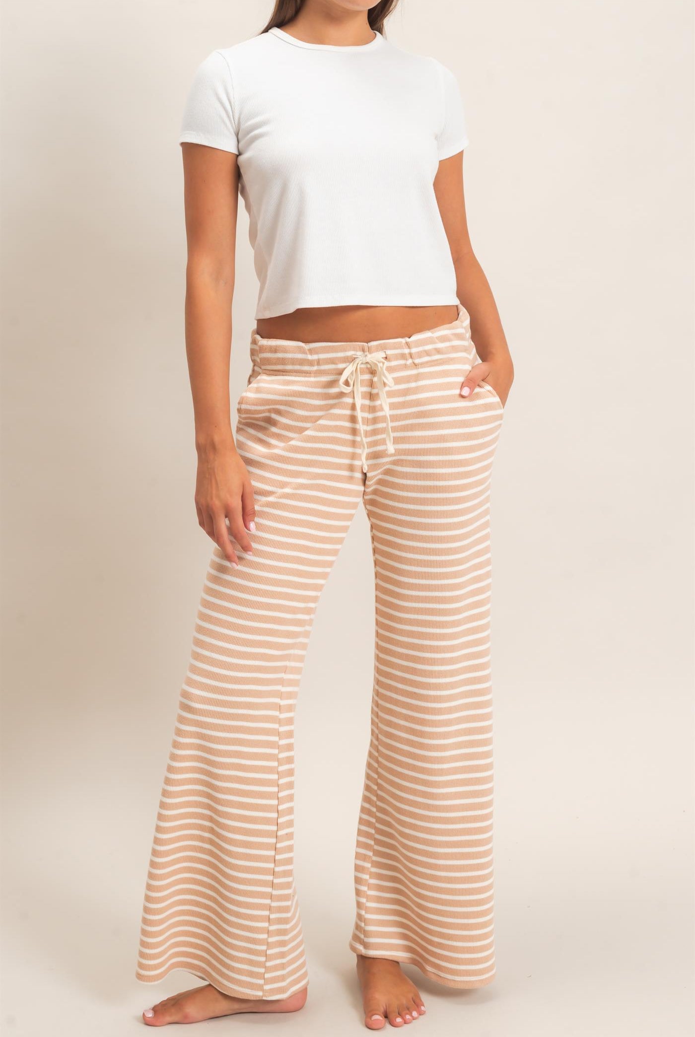 Wholesale Low Rise Striped Waffle Knit Pants Pants DZ26E553 SAND DOUBLE ZERO