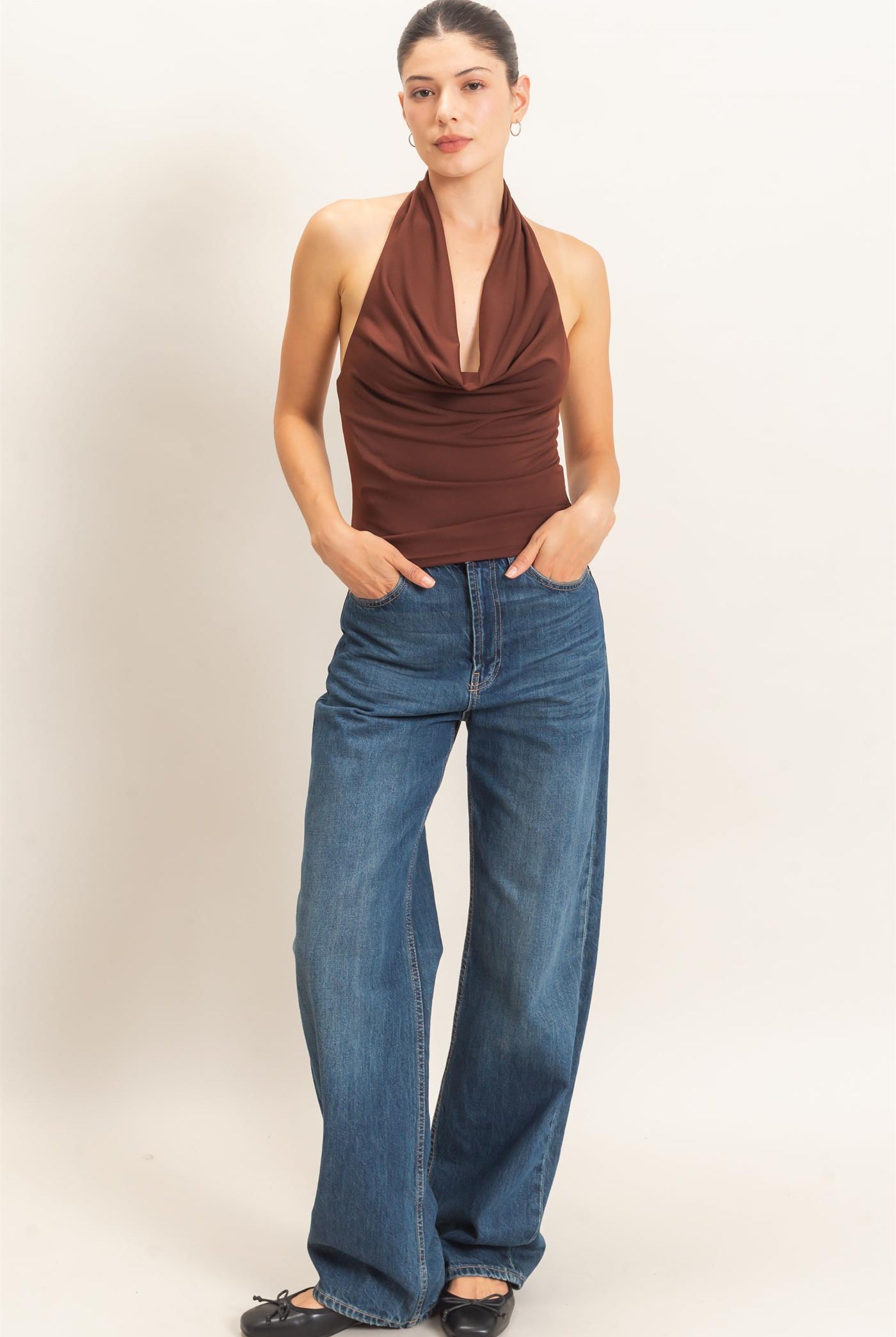 Wholesale Cowl Halter Neck Top Clothing Tops HF26E408 CHOCOLATE HYFVE