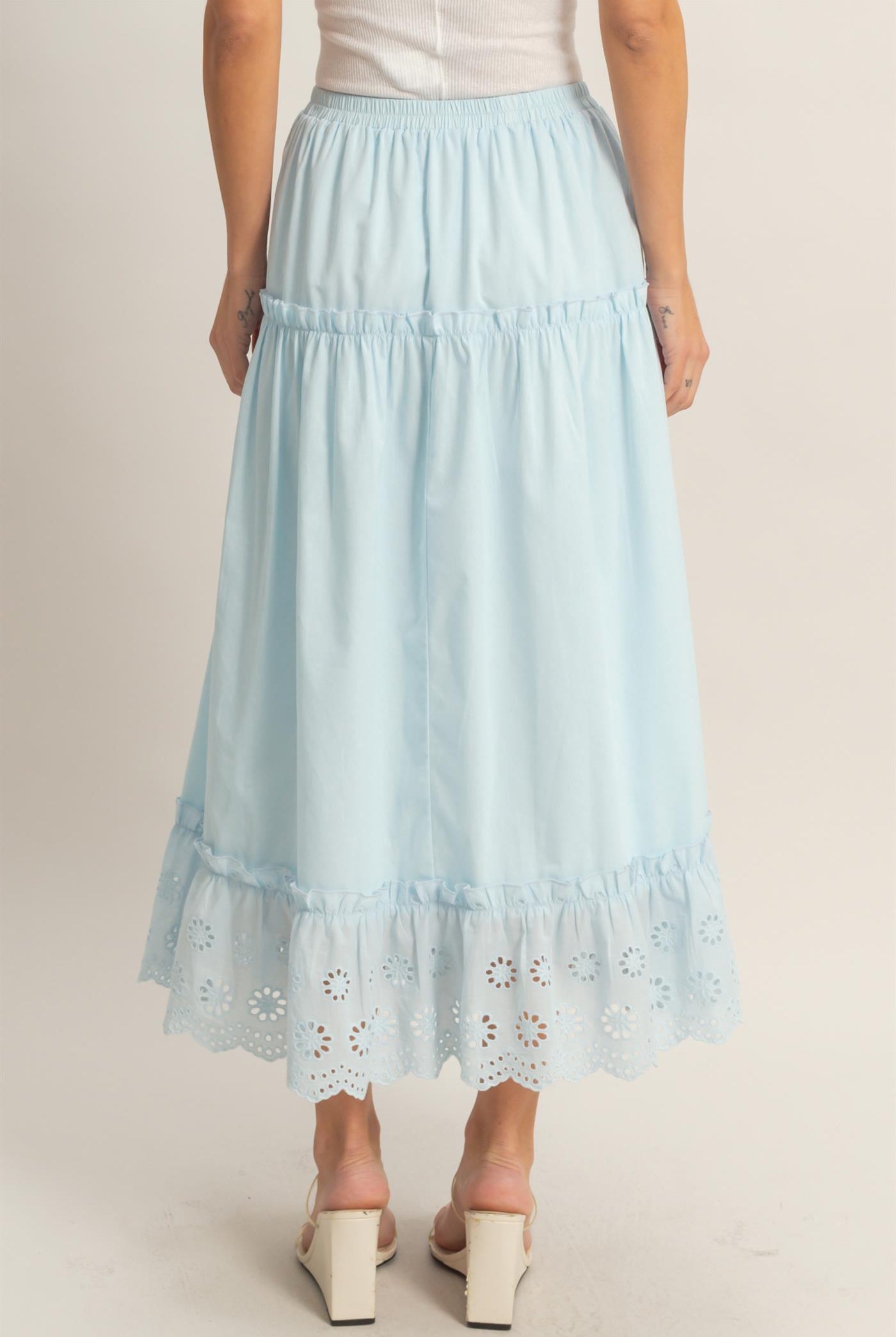 Wholesale Tiered Eyelet Maxi Skirt Skirts HF26C313 LIGHT BLUE HYFVE