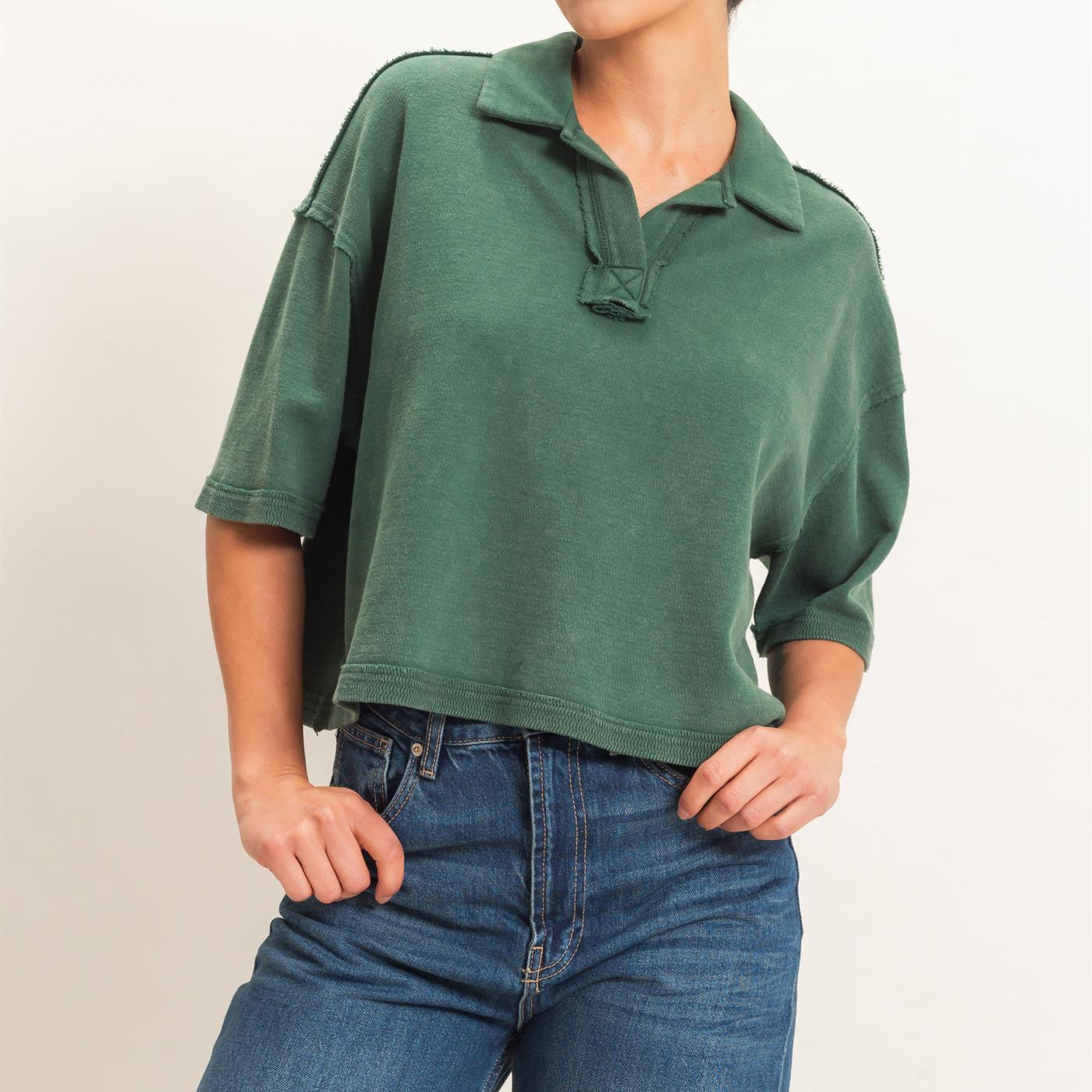 Wholesale Mineral Wash Oversized Collar Short Sleeve Top Clothing Tops DZ26E813 DARK GREEN DOUBLE ZERO