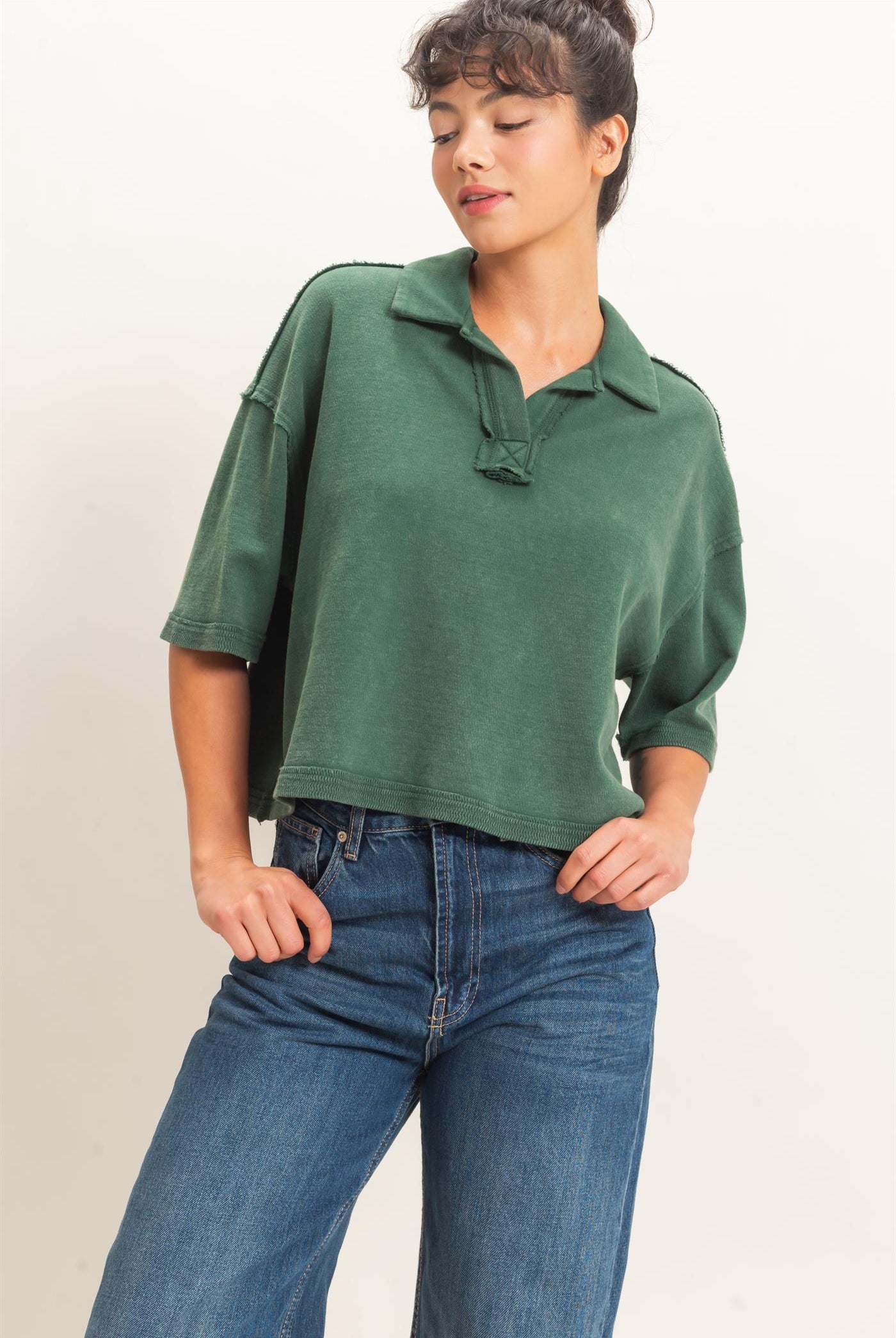 Wholesale Mineral Wash Oversized Collar Short Sleeve Top Clothing Tops DZ26E813 DARK GREEN DOUBLE ZERO