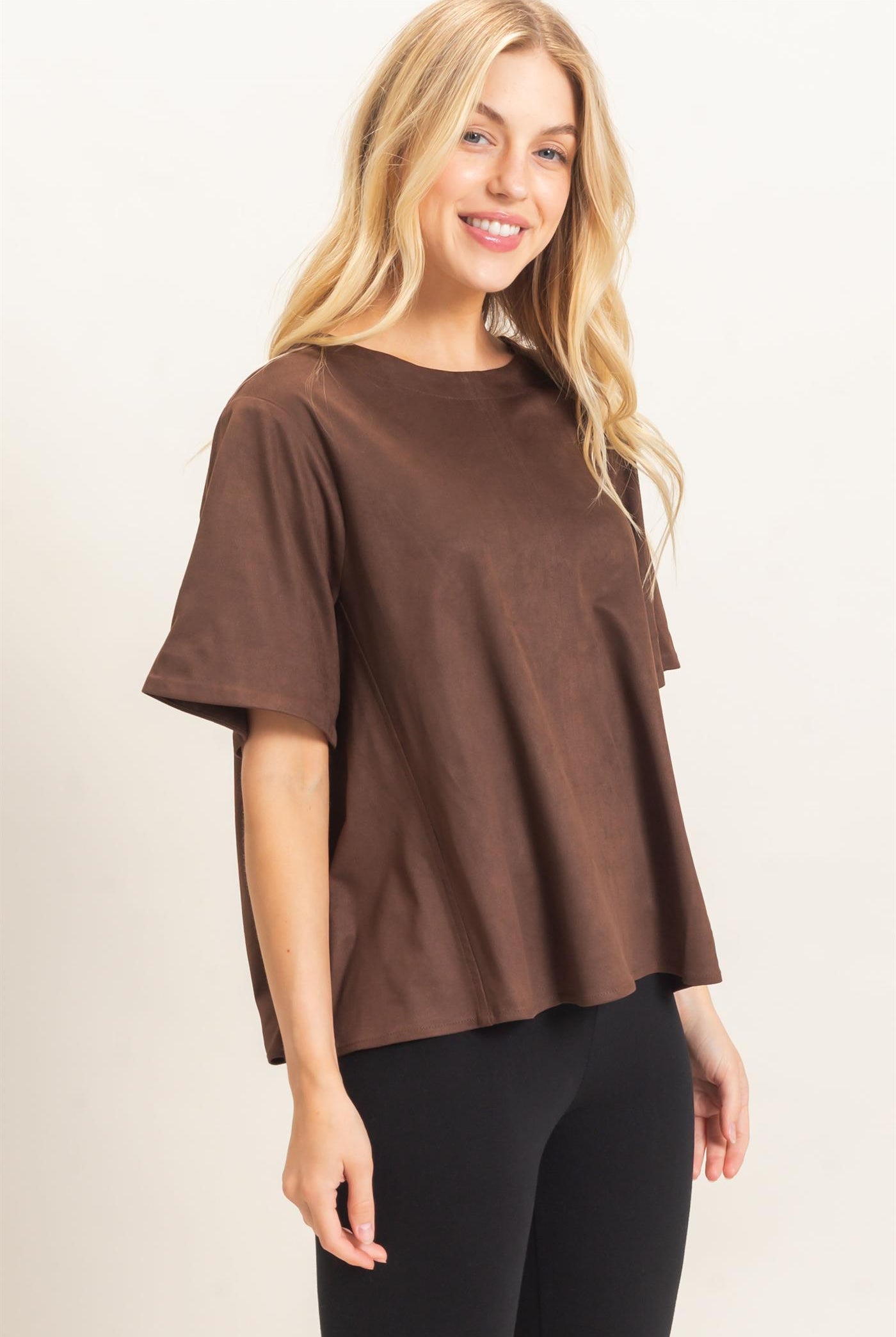 Wholesale Suede Boat Neck Top Clothing Tops HF26E351 CHESTNUT HYFVE