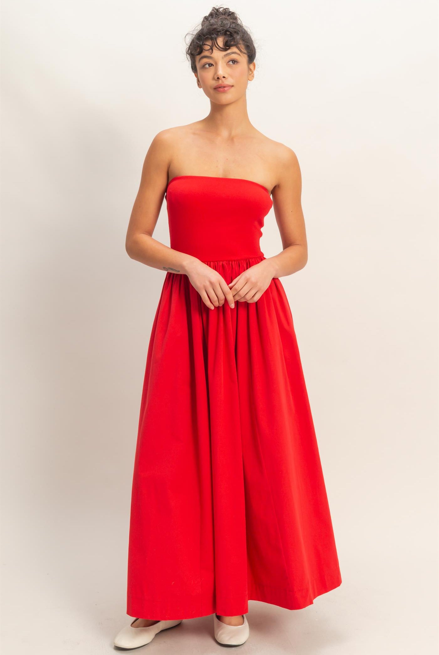 Wholesale Strapless Flowy Midi Dress Dresses DZ26A744 RED DOUBLE ZERO