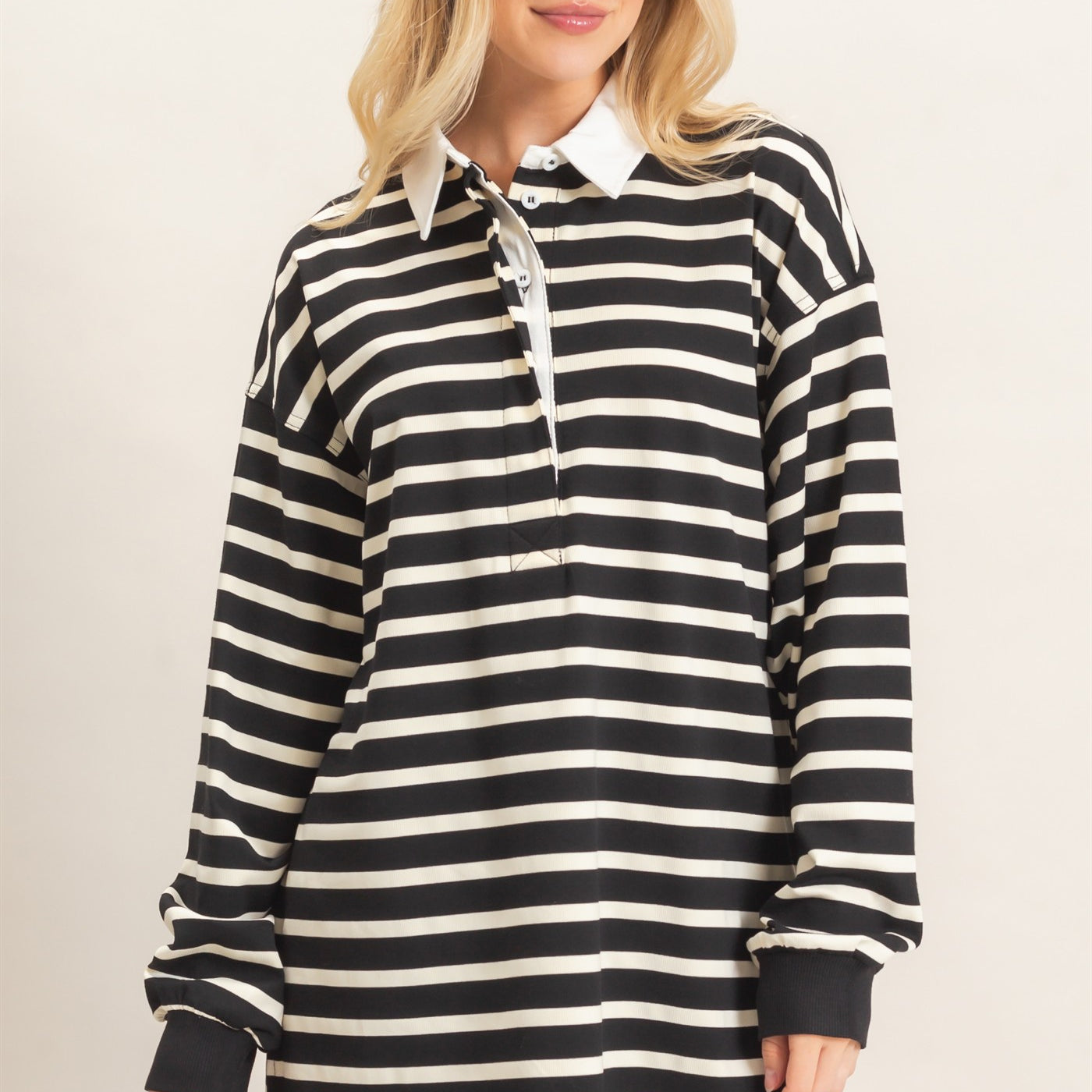 Wholesale Striped Polo Long Sleeve Top Clothing Tops HF26F078 BLACK/CREAM HYFVE