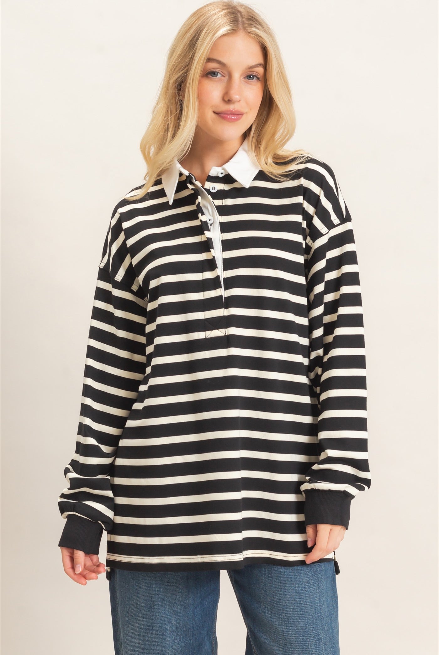 Wholesale Striped Polo Long Sleeve Top Clothing Tops HF26F078 BLACK/CREAM HYFVE