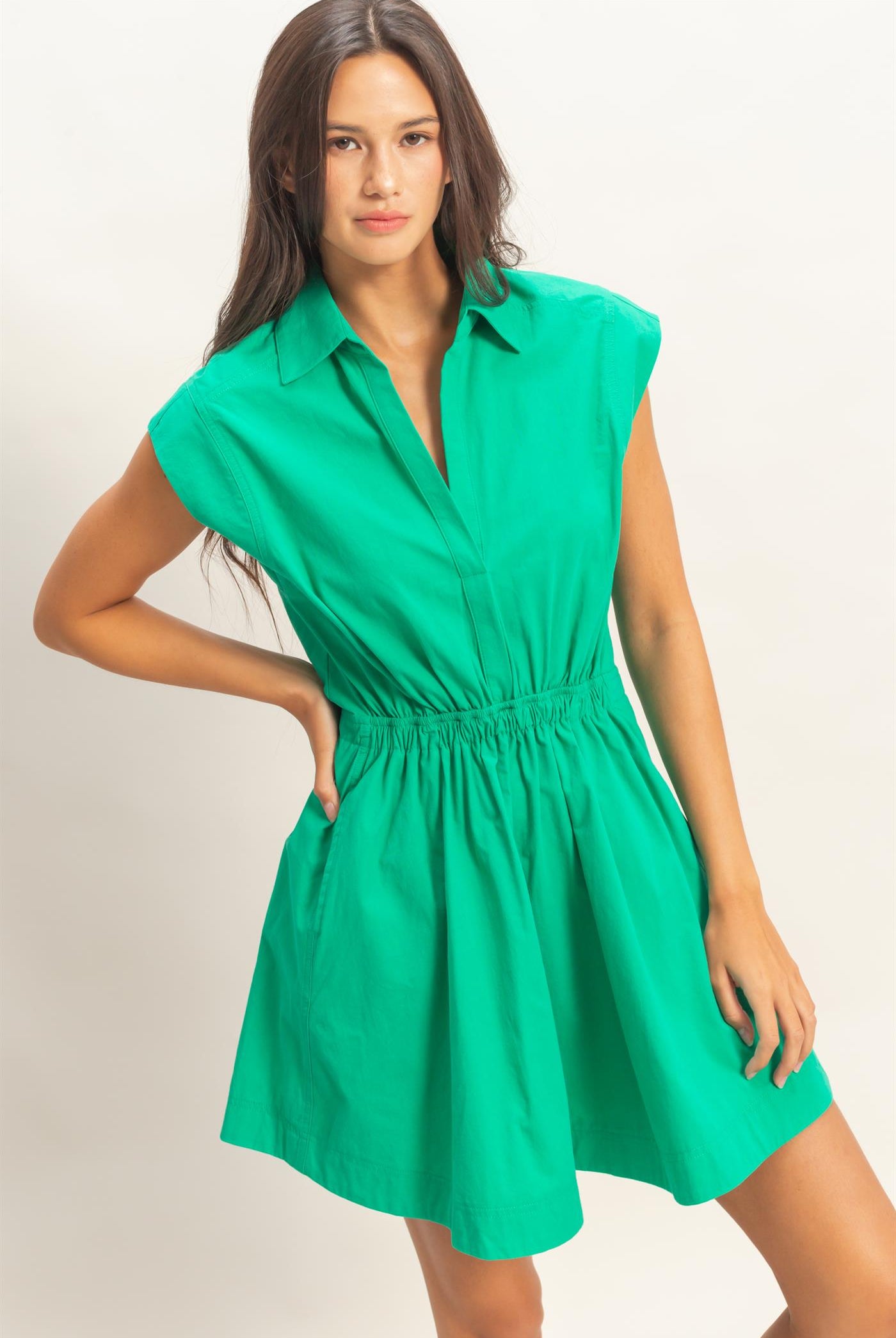 Wholesale Sleeveless Collared Shirred Mini Dress Dresses DZ26A751 GREEN DOUBLE ZERO