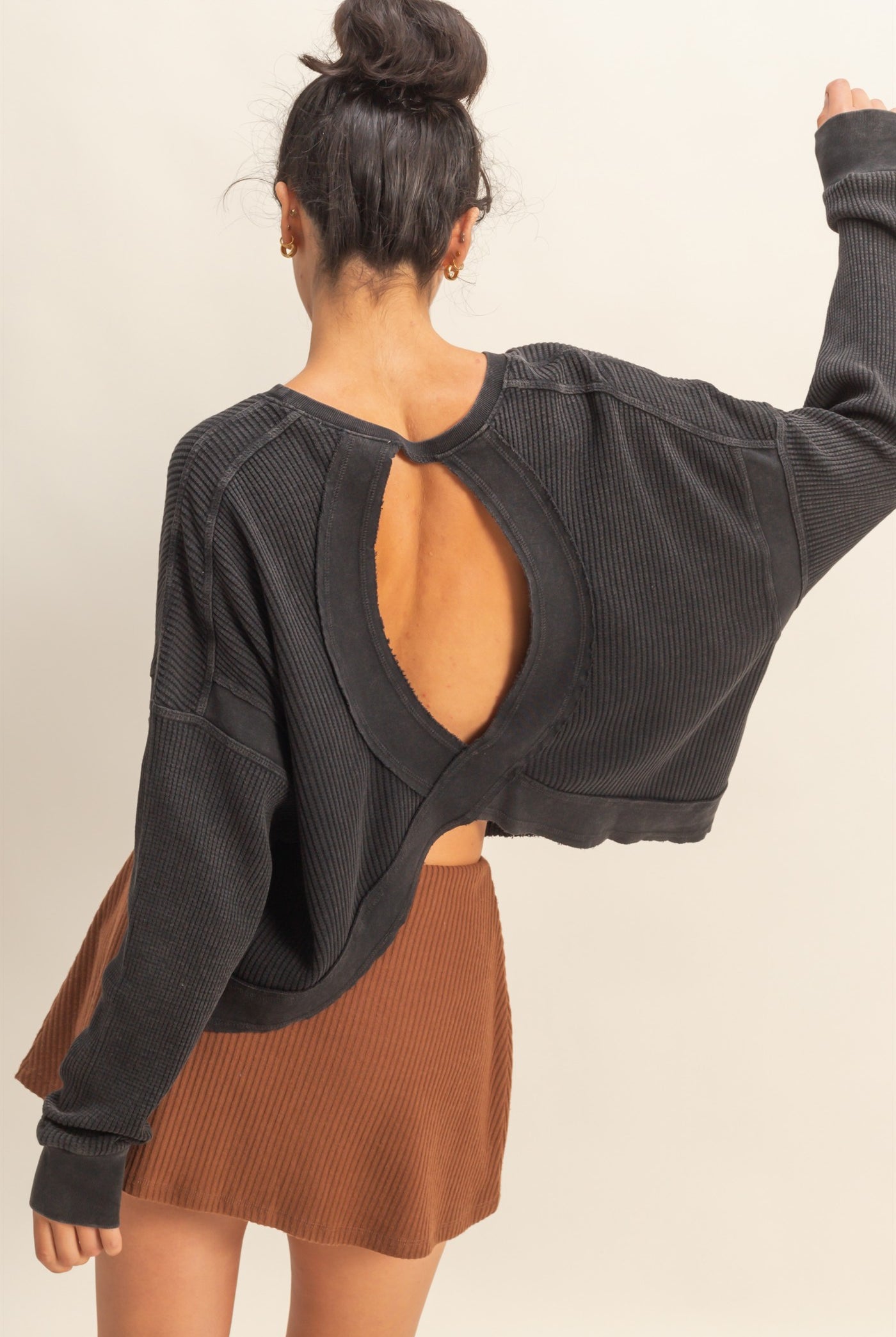 Wholesale Open Back Textured Knit Long Sleeve Top Clothing Tops DZ26A626 BLACK DOUBLE ZERO