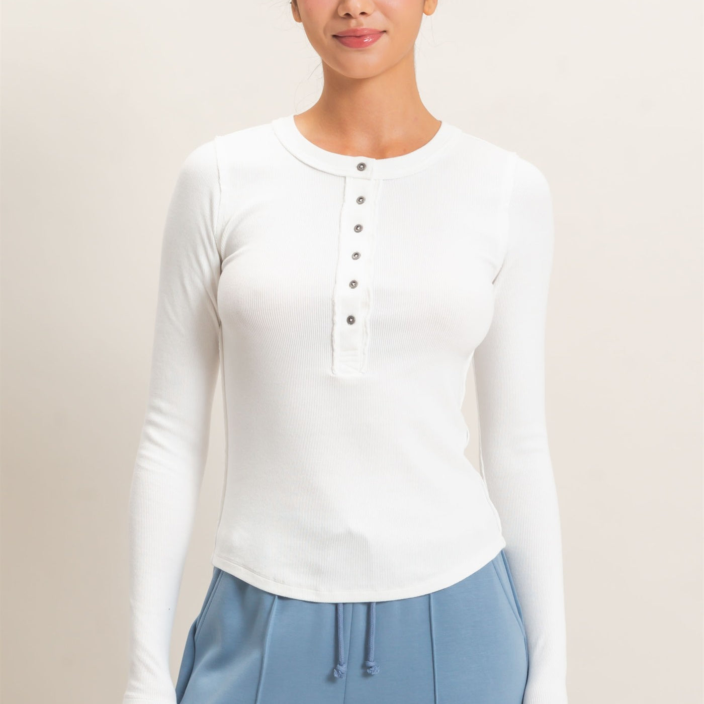 Wholesale Pigment Dye Henley Long Sleeve Top Clothing Tops DZ26C882 WHITE DOUBLE ZERO