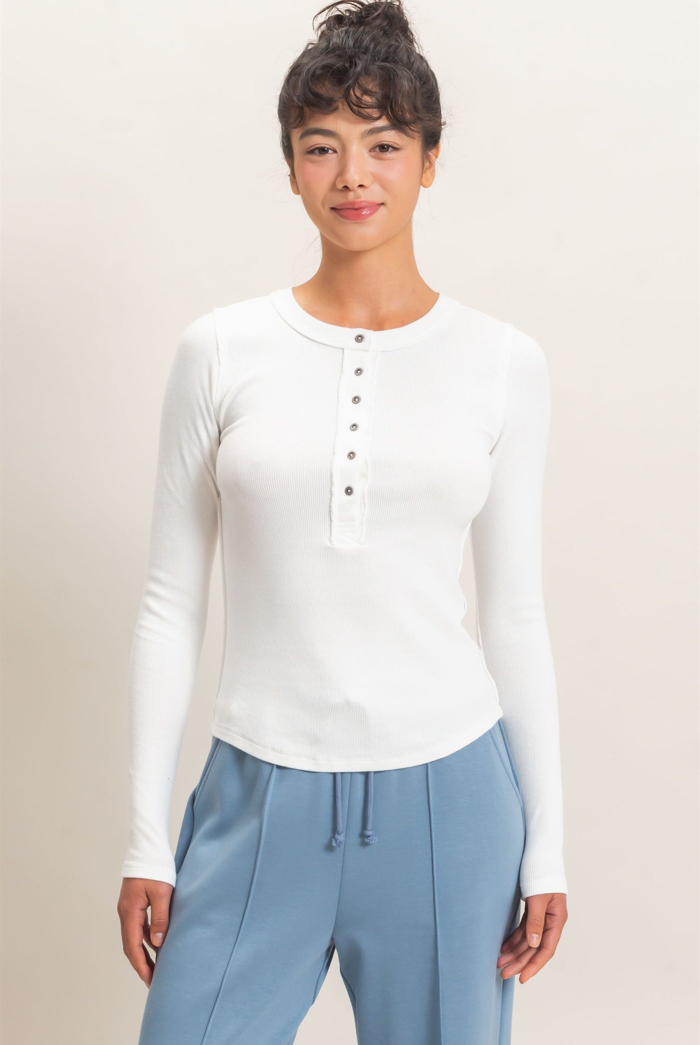 Wholesale Pigment Dye Henley Long Sleeve Top Clothing Tops DZ26C882 WHITE DOUBLE ZERO