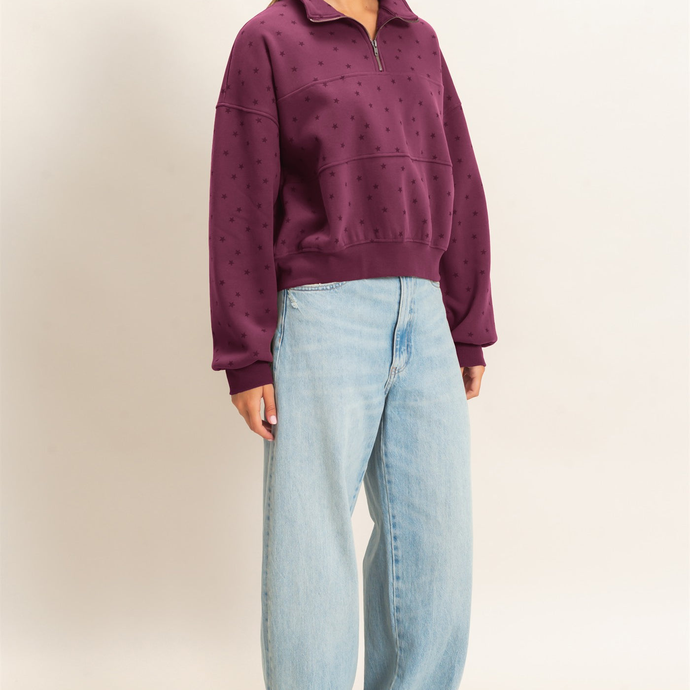 Wholesale Star Print Half Zip Sweatshirt Sweatshirts DZ26E245 DARK CHERRY DOUBLE ZERO