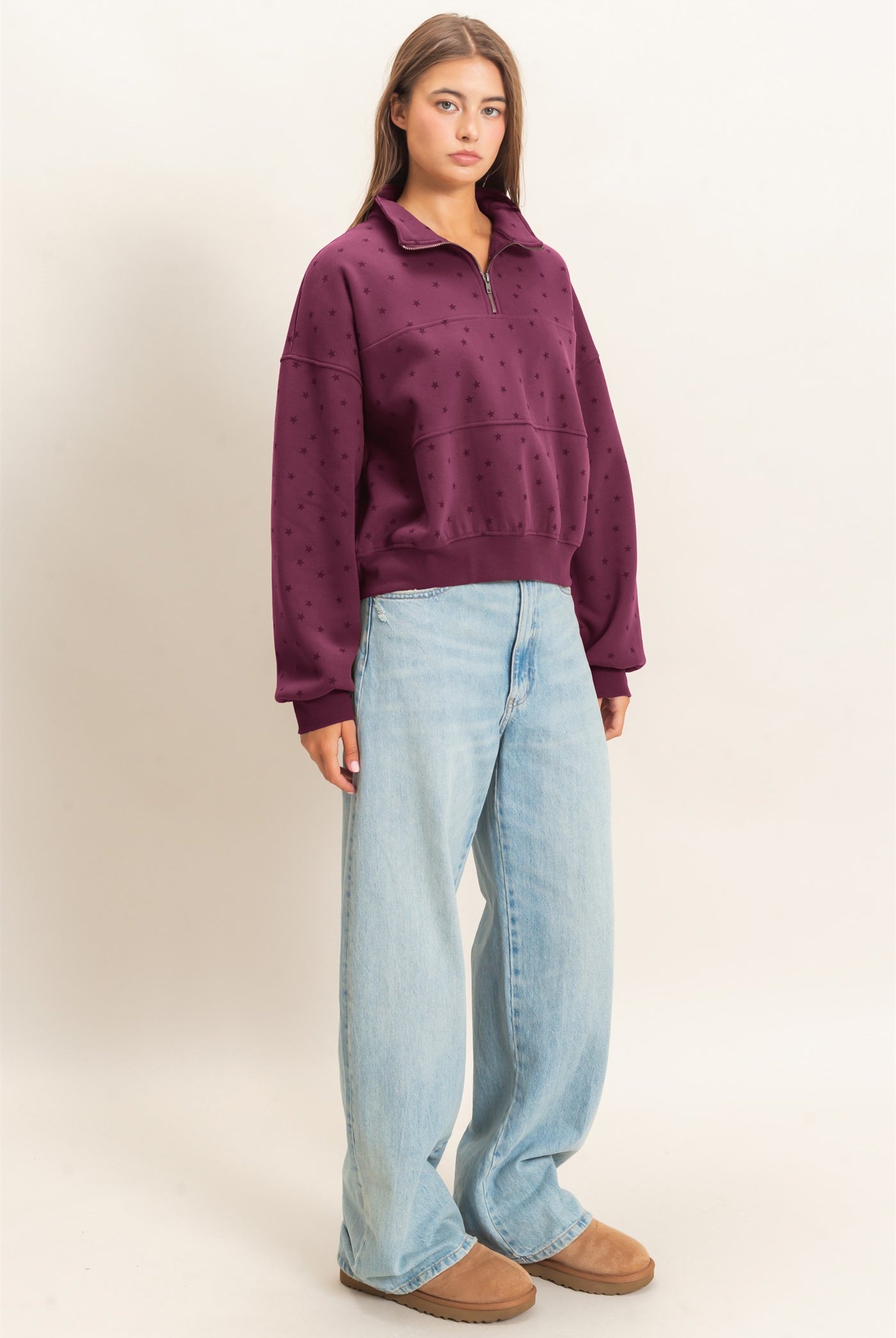 Wholesale Star Print Half Zip Sweatshirt Sweatshirts DZ26E245 DARK CHERRY DOUBLE ZERO