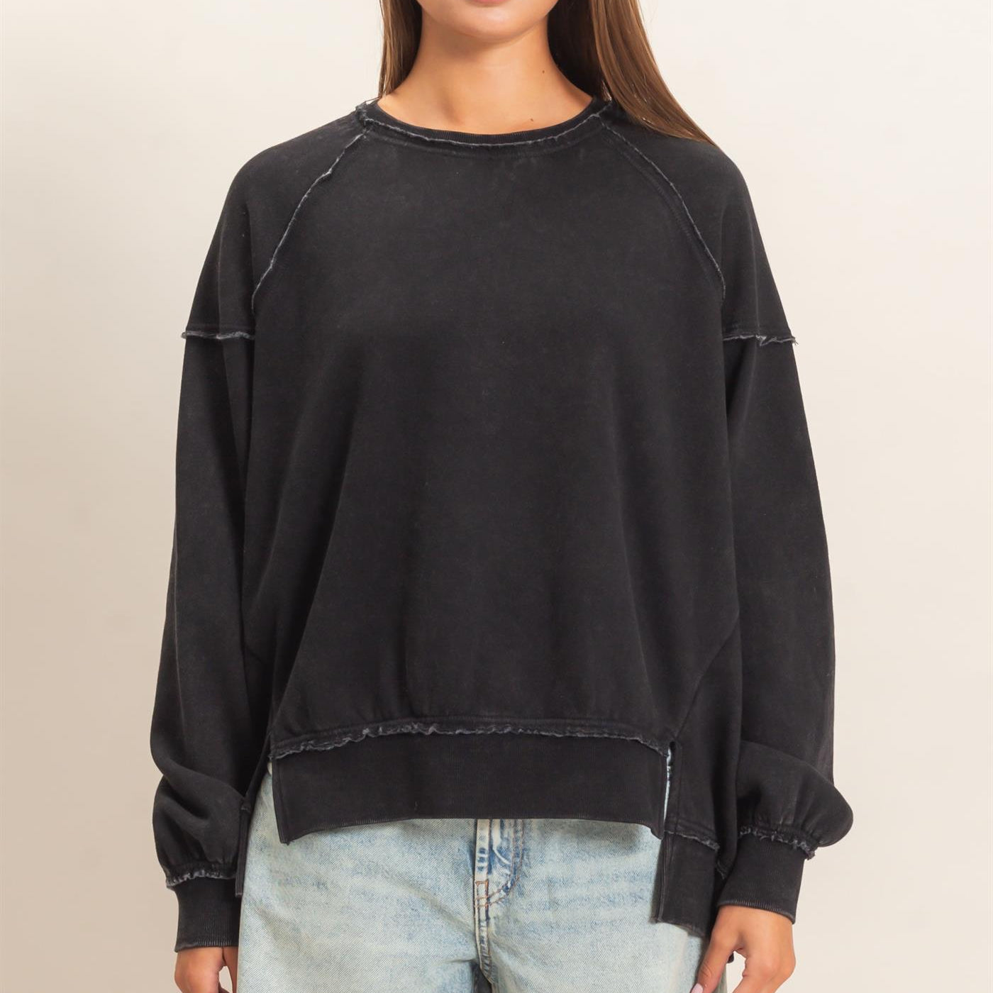 Wholesale Acid Wash Raw Edge Sweatshirt Sweatshirts DZ26C910 BLACK DOUBLE ZERO