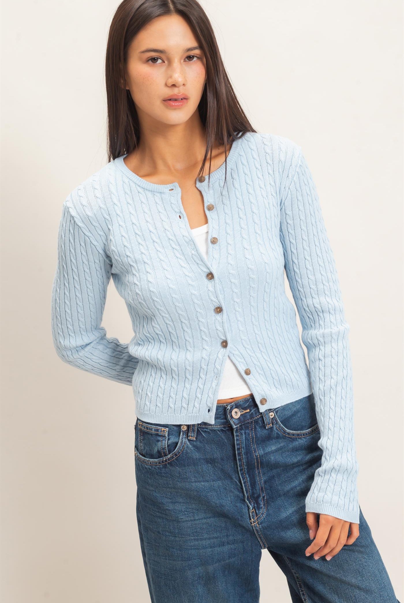 Wholesale Cable Knit Cardigan Cardigans DZ26E256 ICE BLUE DOUBLE ZERO