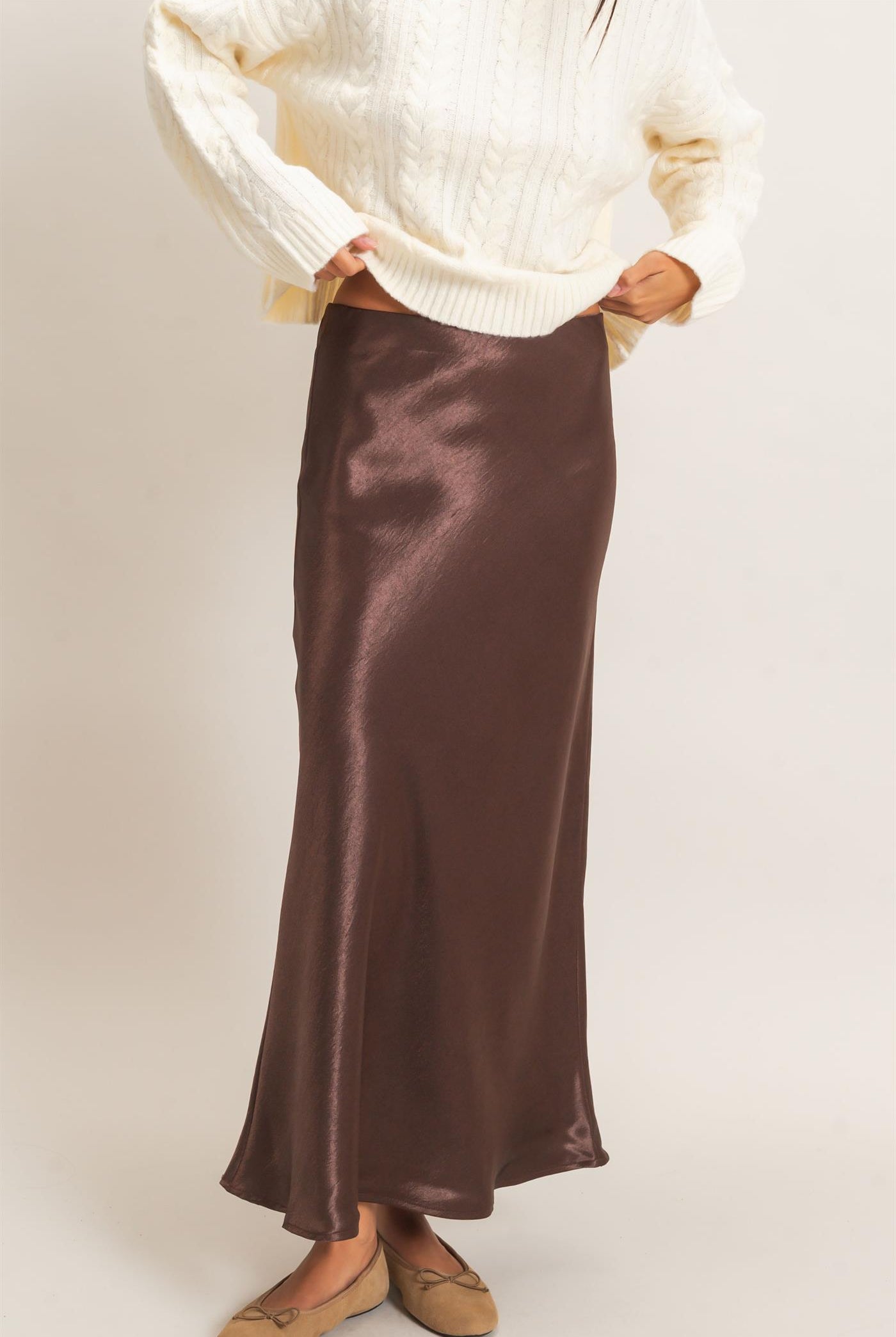 Wholesale Satin Midi Skirt Skirts DZ26C962 DARK BROWN DOUBLE ZERO