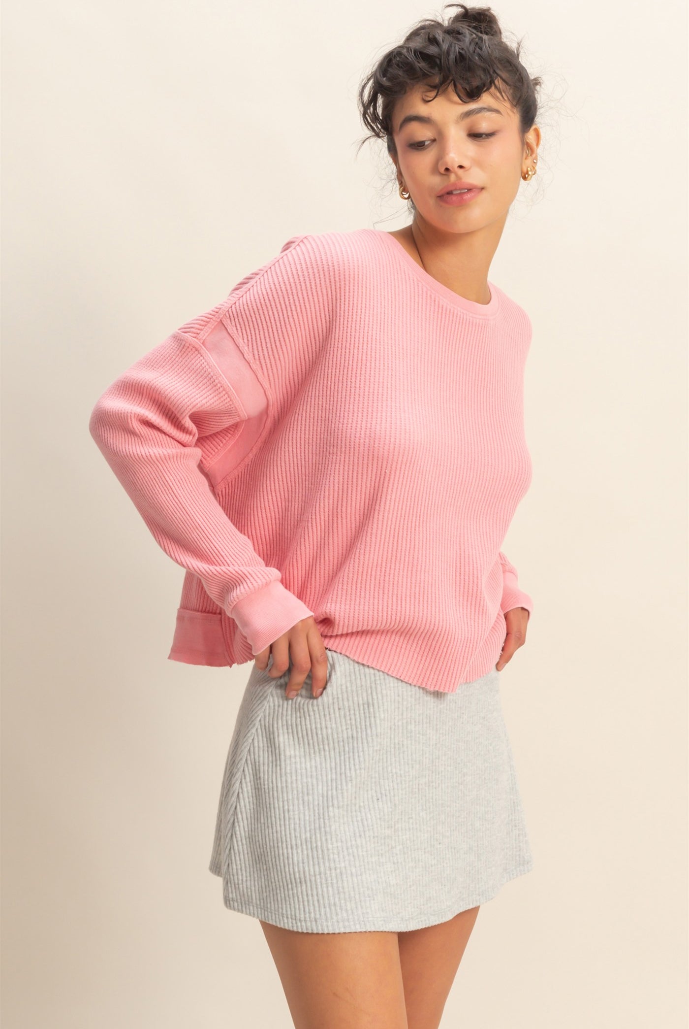 Wholesale Open Back Textured Knit Long Sleeve Top Clothing Tops DZ26A626 TAFFY PINK DOUBLE ZERO