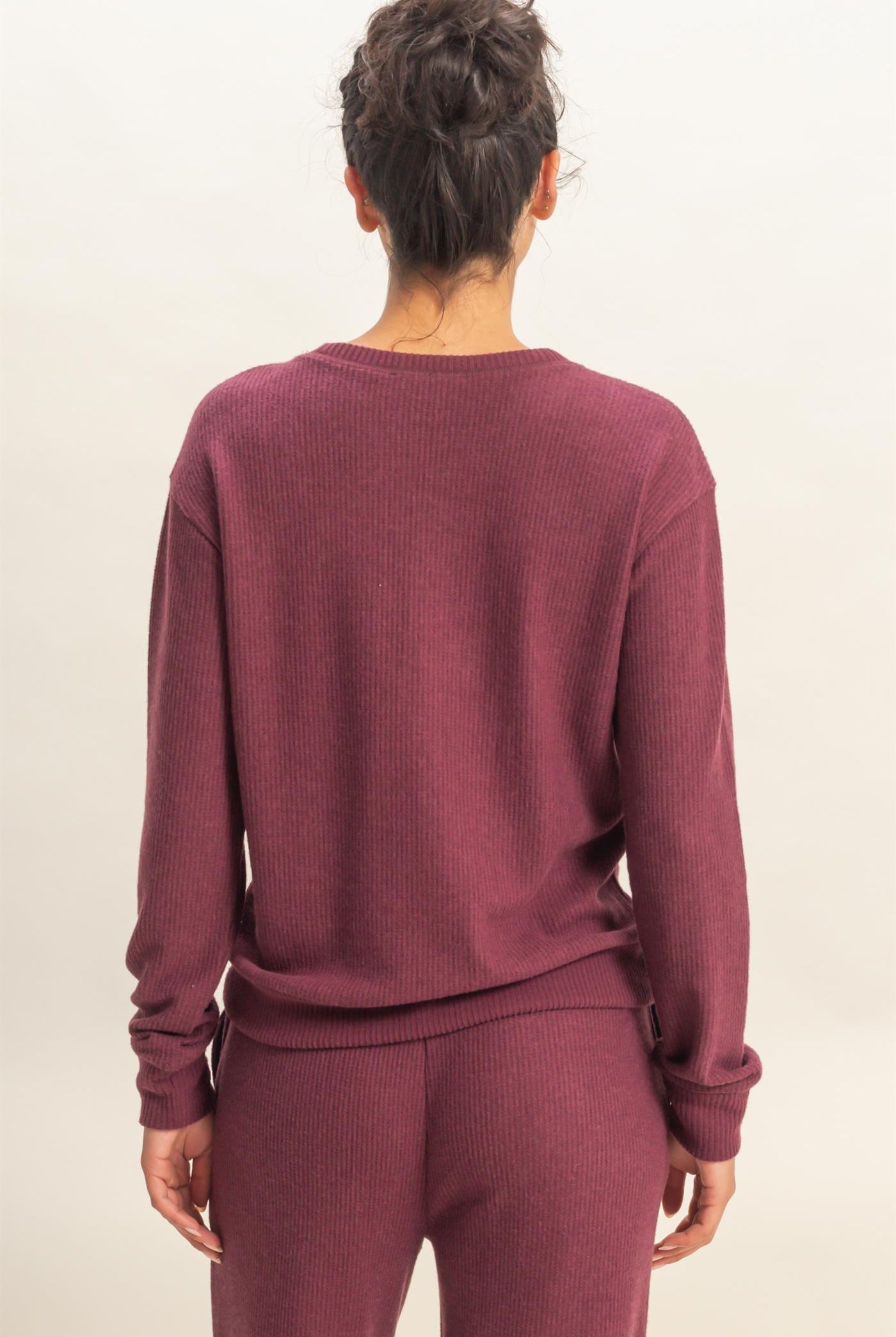 Wholesale Brushed Waffle Crew Neck Long Sleeve Top Clothing Tops DZ26A177 DARK CHERRY DOUBLE ZERO