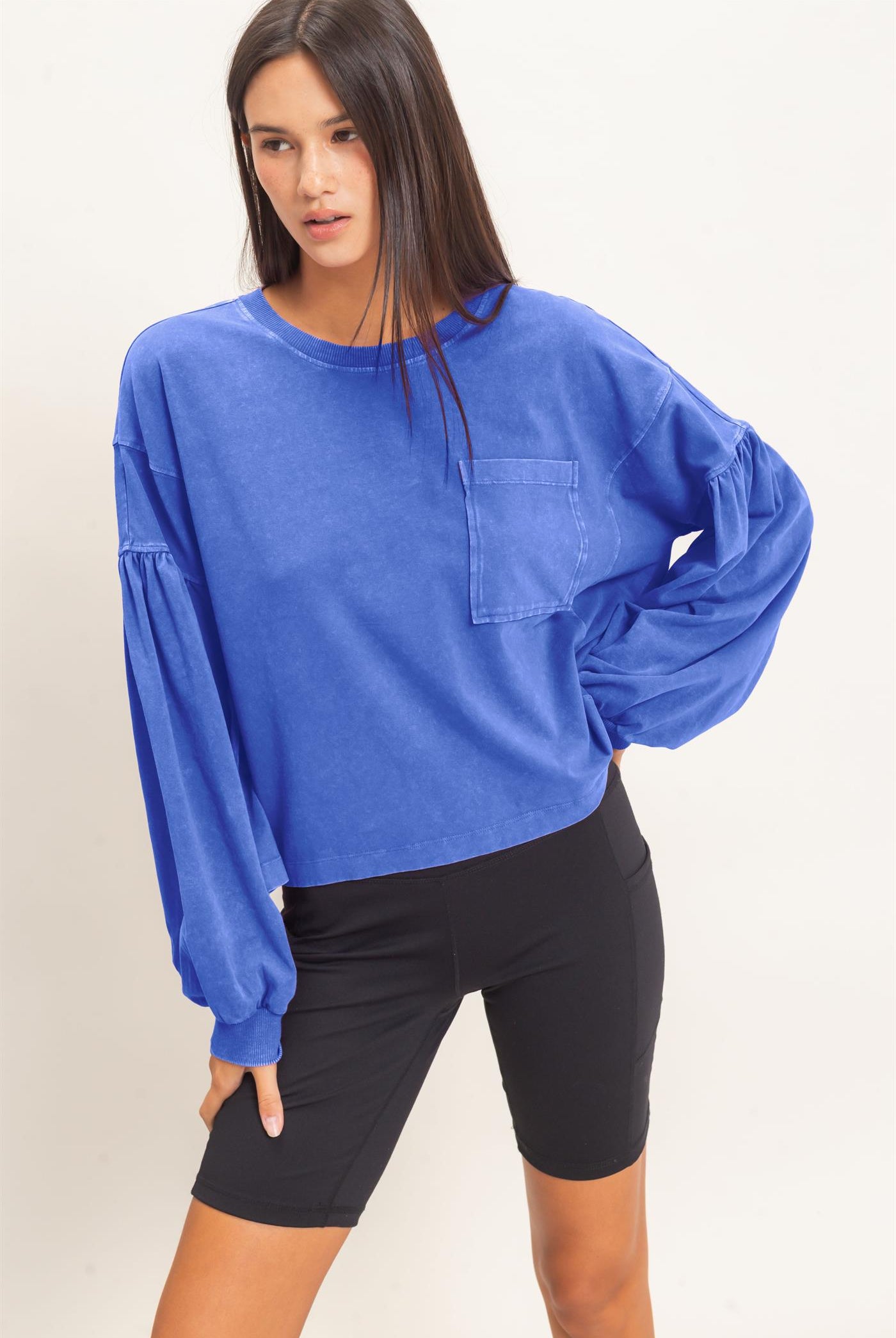 Wholesale Mineral Wash Puff Long Sleeve Boxy Top Clothing Tops DZ26F402 COBALT DOUBLE ZERO