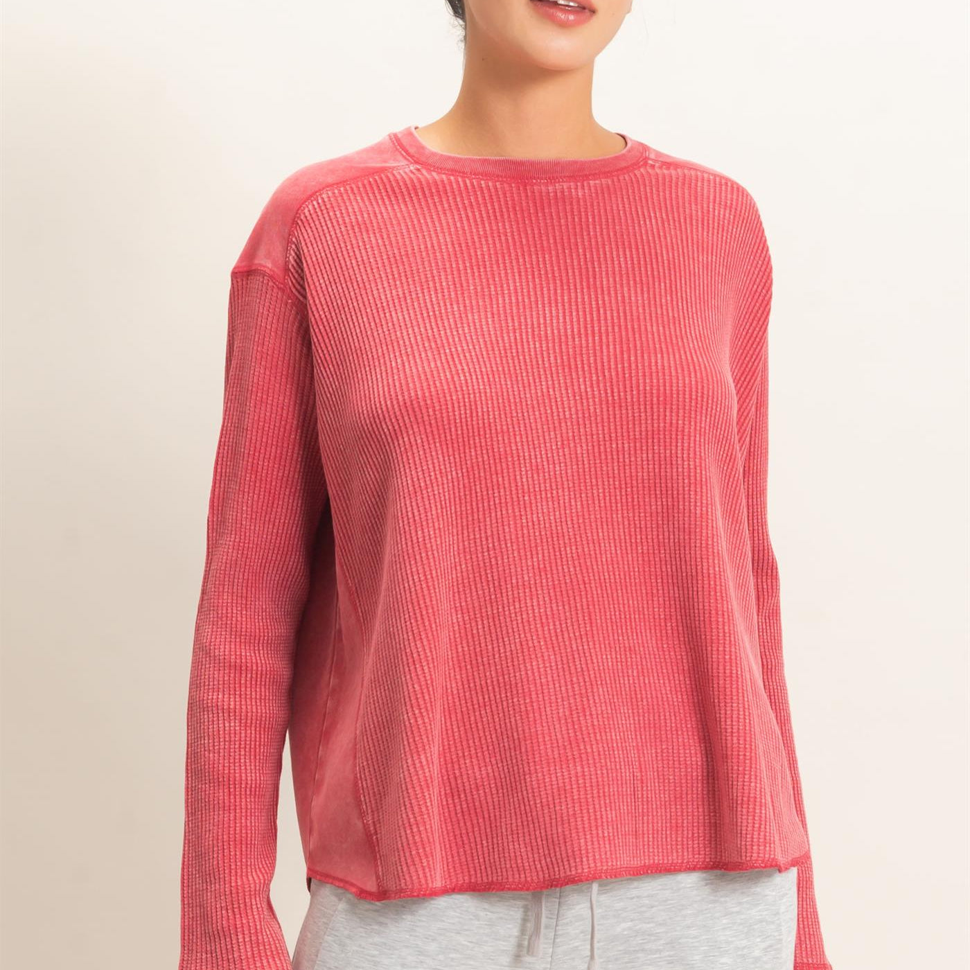Wholesale Oversized Mineral Washed Waffle Knit Top Clothing Tops DZ26E654 DARK RED DOUBLE ZERO
