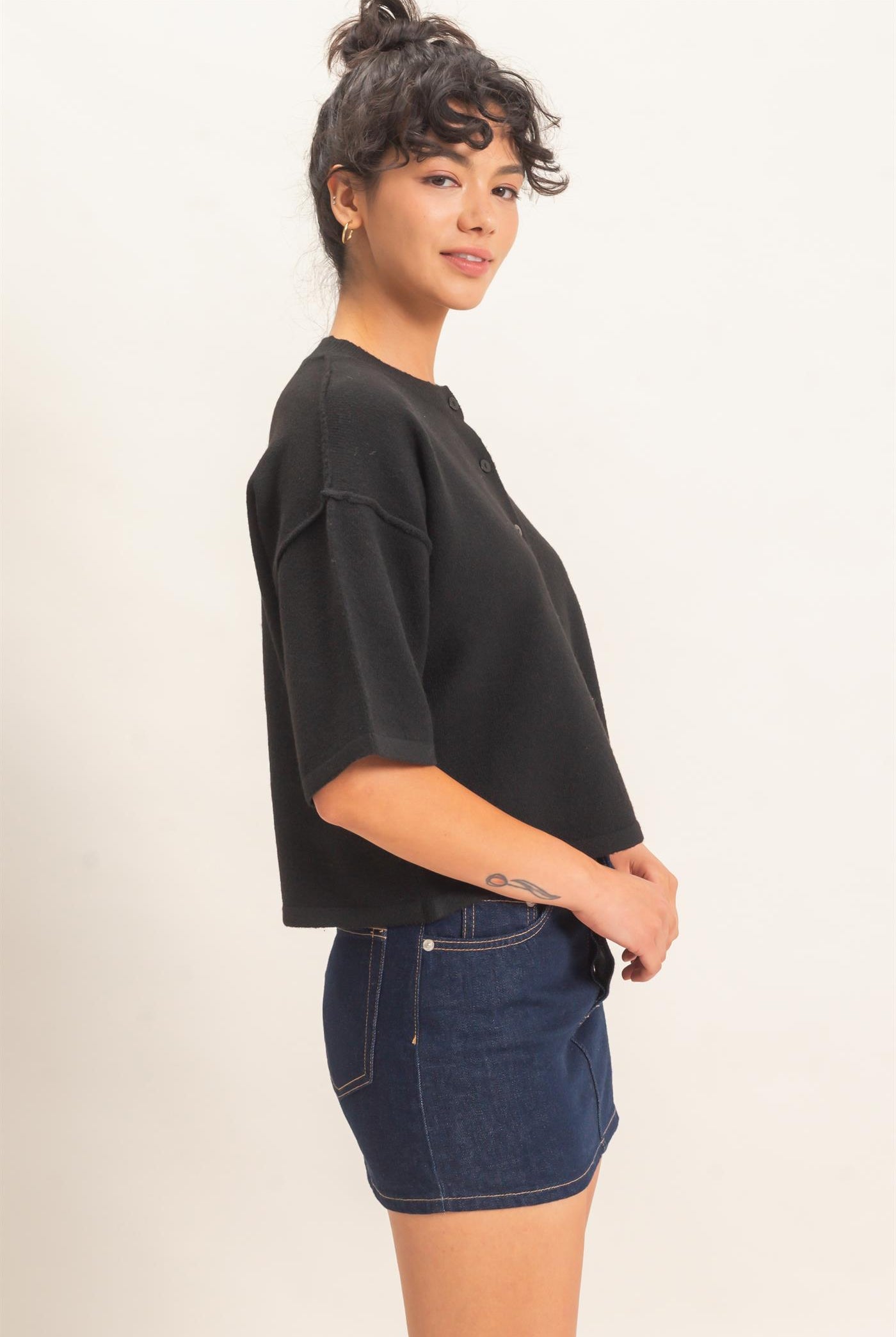 Wholesale Drop Shoulder Short Sleeve Cardigan Cardigans DZ26E238 BLACK DOUBLE ZERO