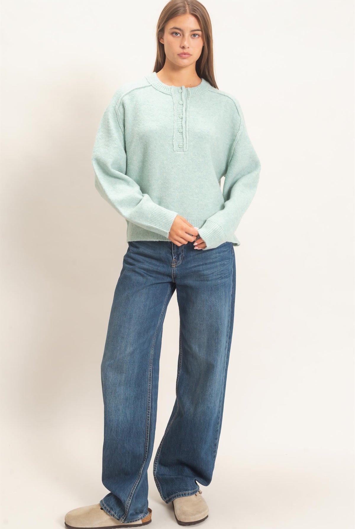 Wholesale Henley Sweater With Reverse Seams Sweaters DZ26F004 PALE GREEN DOUBLE ZERO