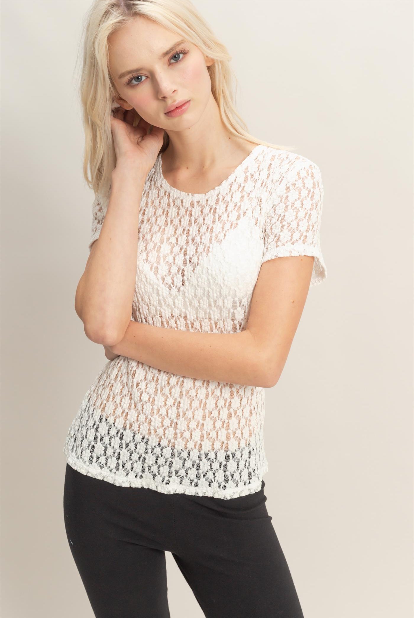 Wholesale Textured Lace Short Sleeve Top Clothing Tops DZ26C394 CREAM DOUBLE ZERO