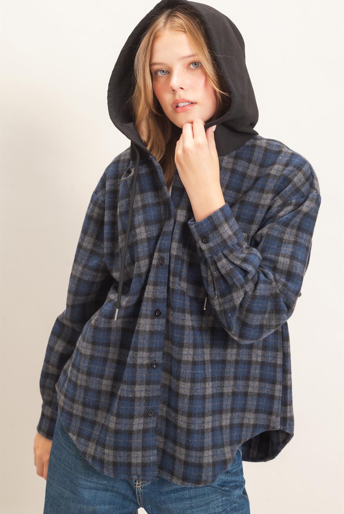 Wholesale Hooded Plaid Button-Up Shirt Shirts HF26F018 NAVY HYFVE