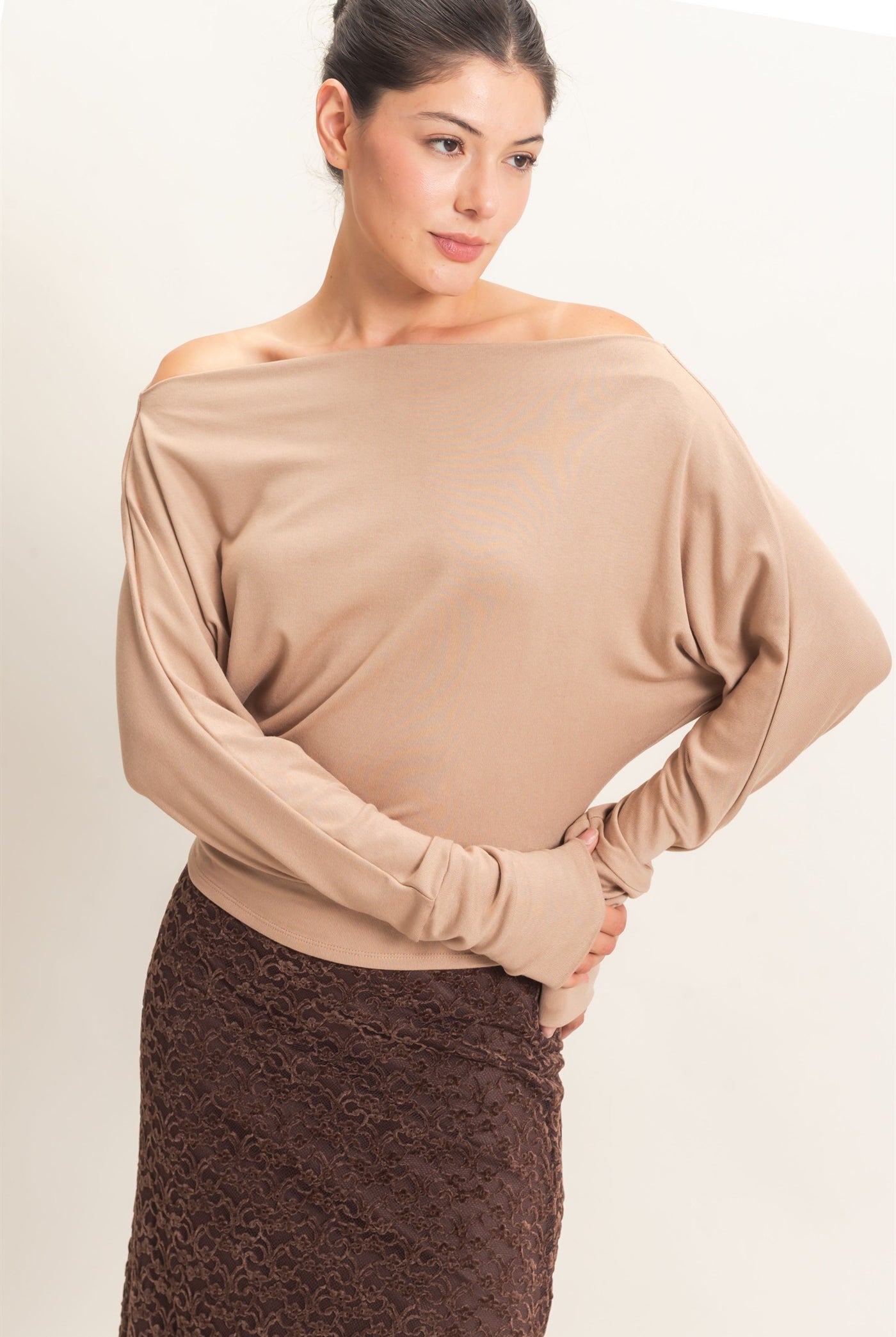 Wholesale Wide Boat Neck Dolman Sleeve Top Shirts HF26C883 LIGHT BROWN HYFVE