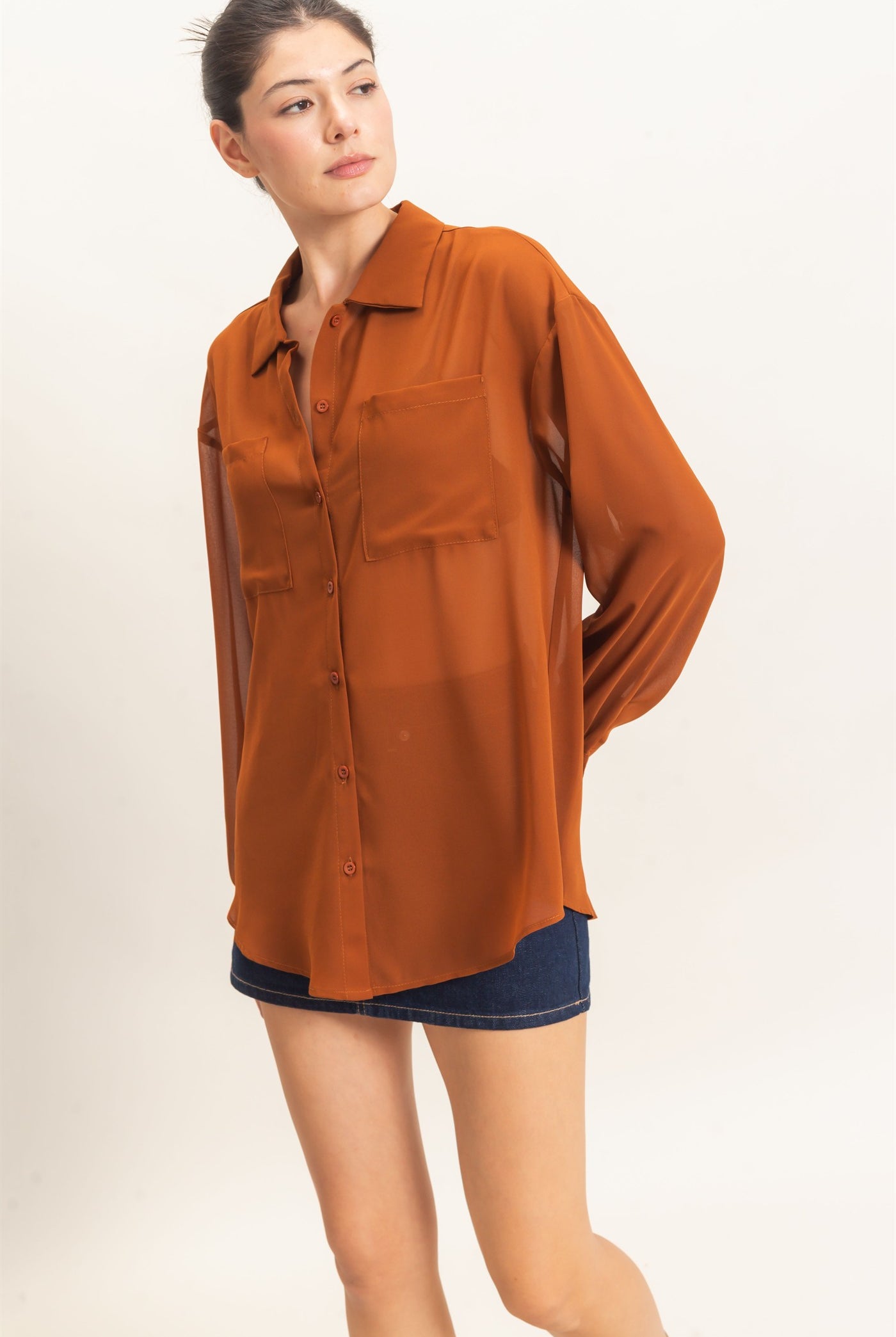 Wholesale Button-Down Collar Blouse Shirts HF26F067 CAMEL HYFVE