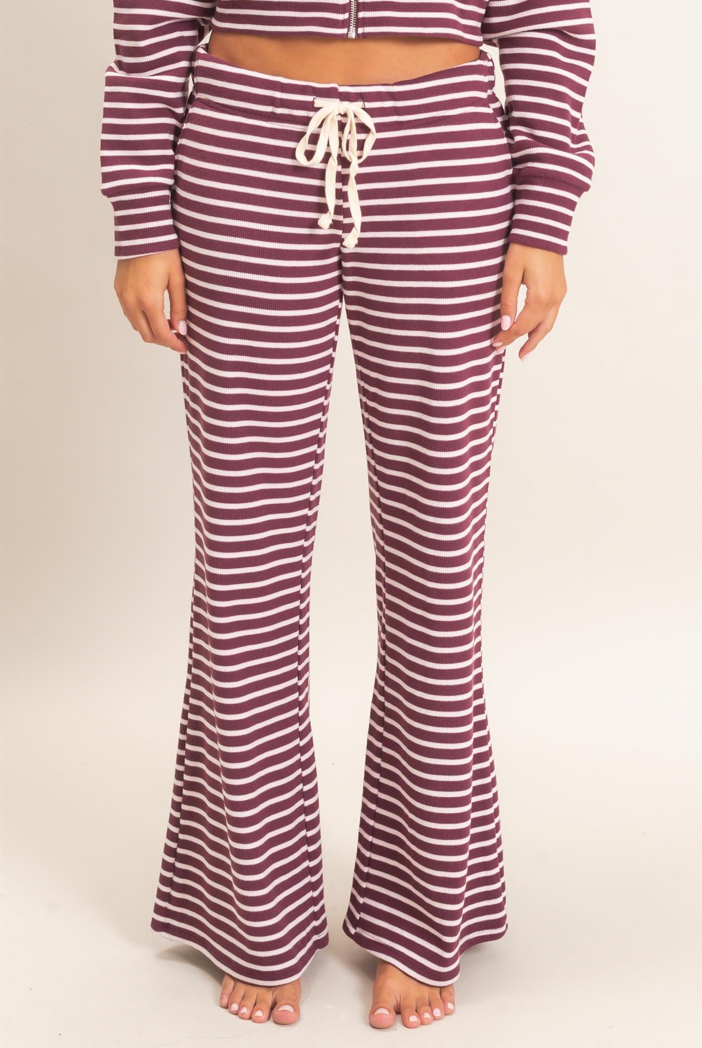 Wholesale Low Rise Striped Waffle Knit Pants Pants DZ26E553 DARK CHERRY DOUBLE ZERO