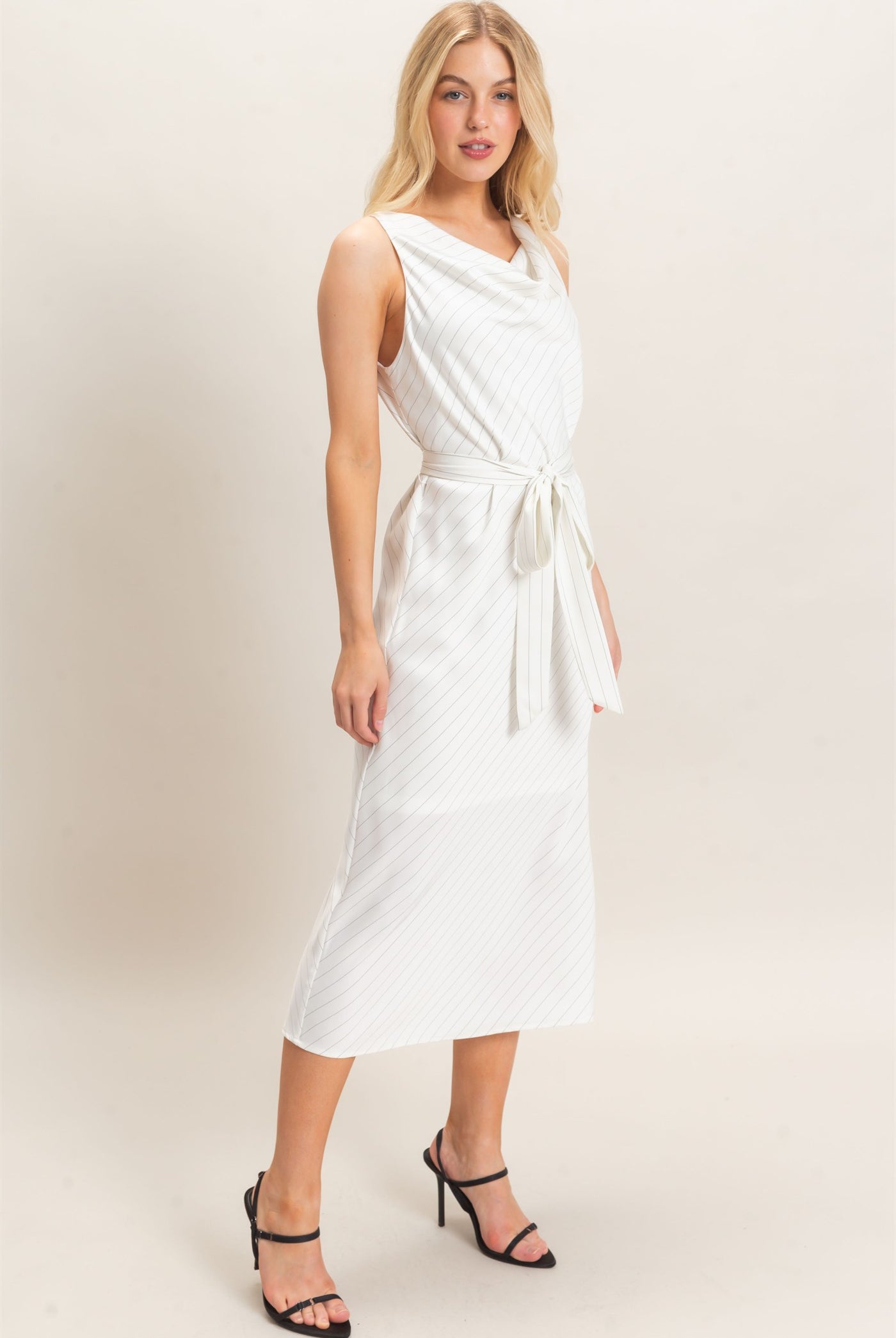 Wholesale Cowl Neck Sleeveless Belted Dress Dresses HF25E739 WHITE HYFVE