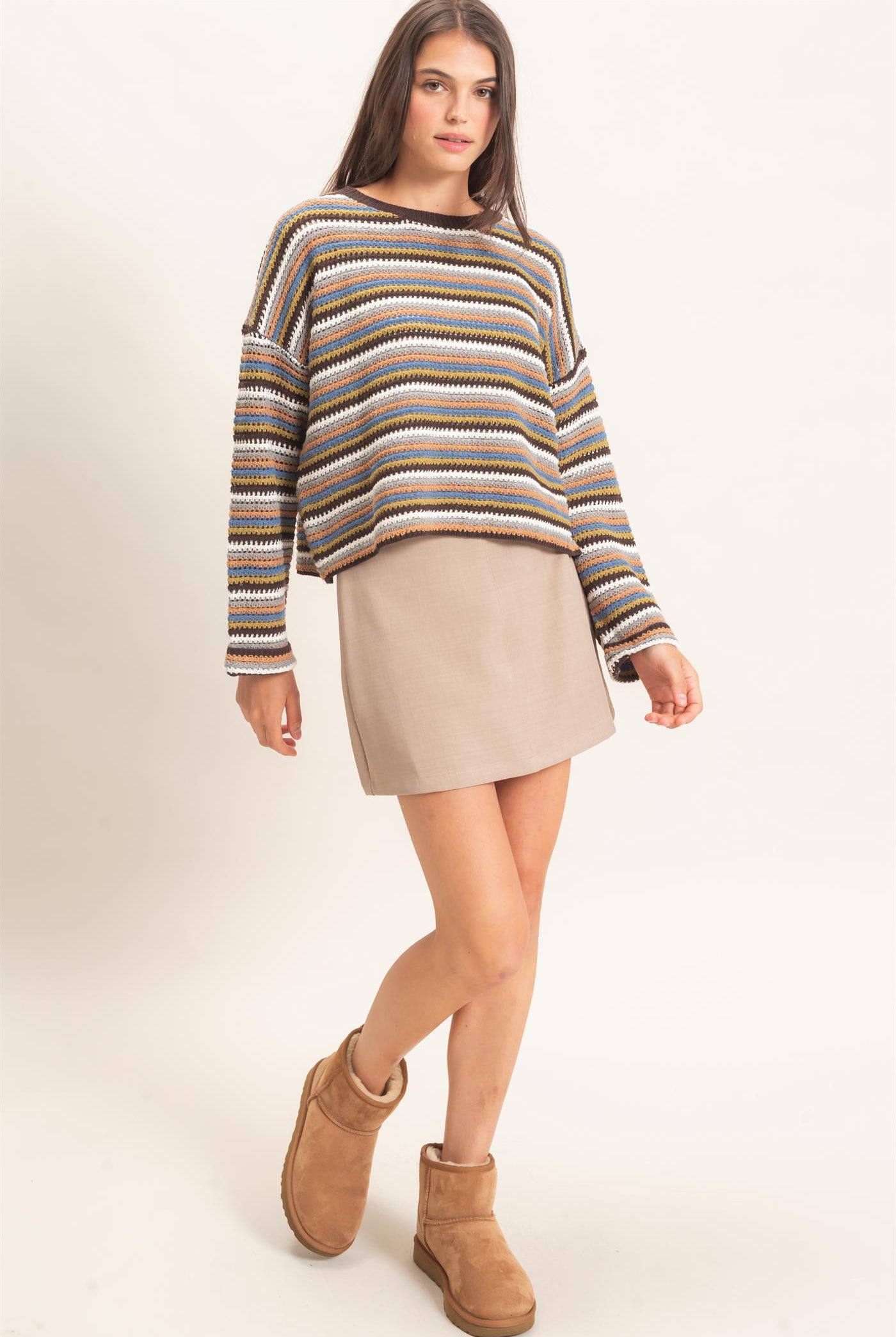 Wholesale Striped Boat Neck Sweater Sweaters HF26E681 BROWN COMBO HYFVE