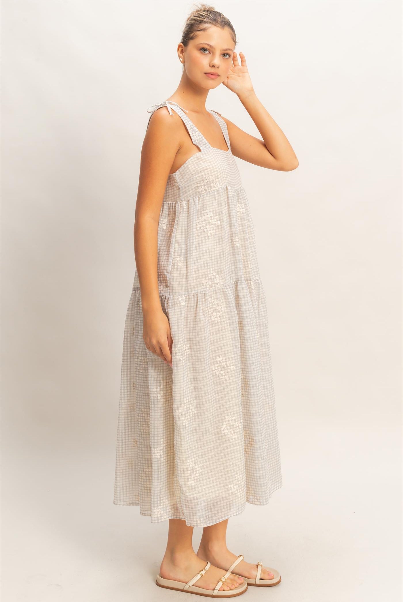 Wholesale Tiered Gingham Dress With Embroidery Dresses HF26A695 DARK MAUVE HYFVE