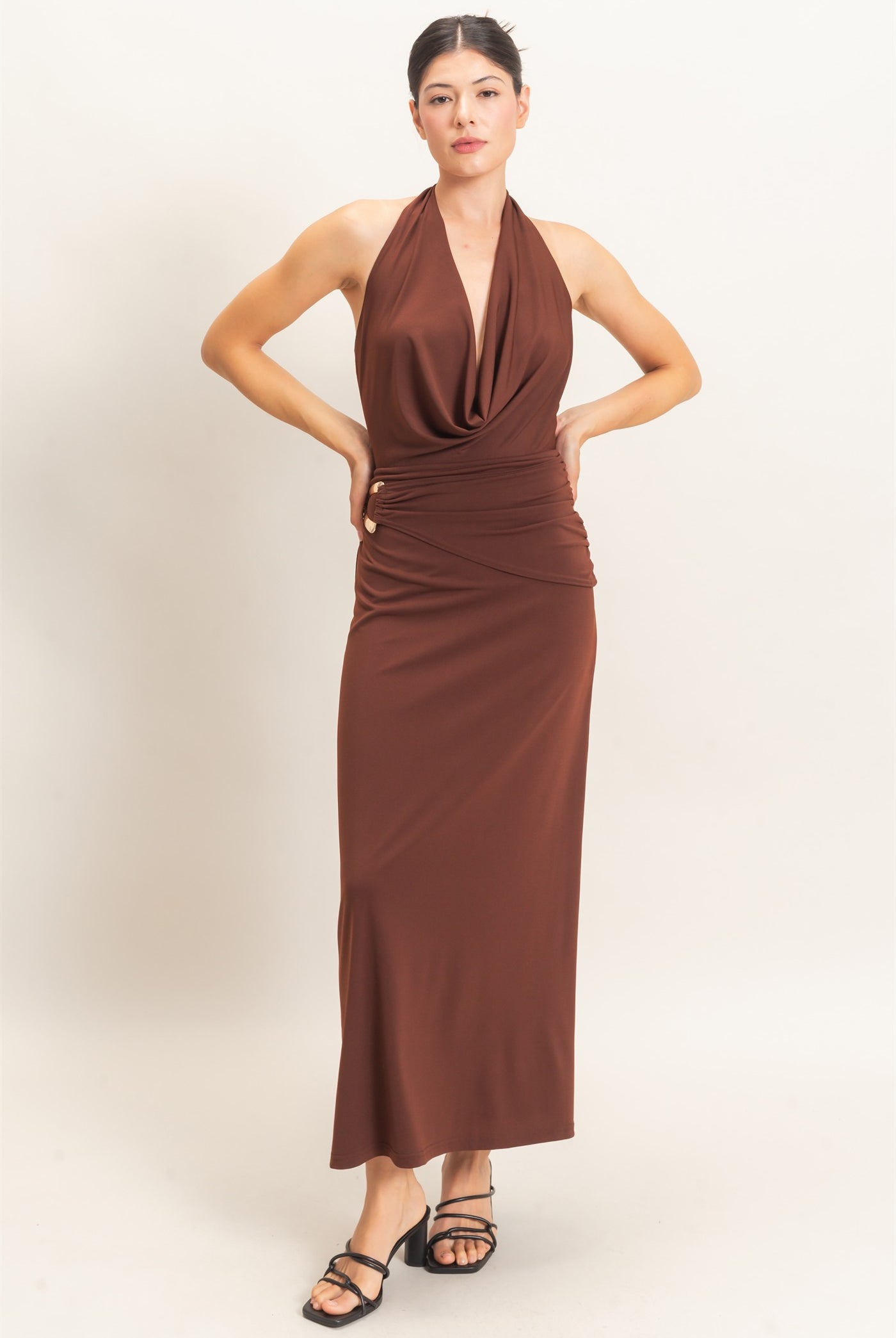 Wholesale Draped Halter Neck Dress Dresses HF26C663 CHOCOLATE HYFVE