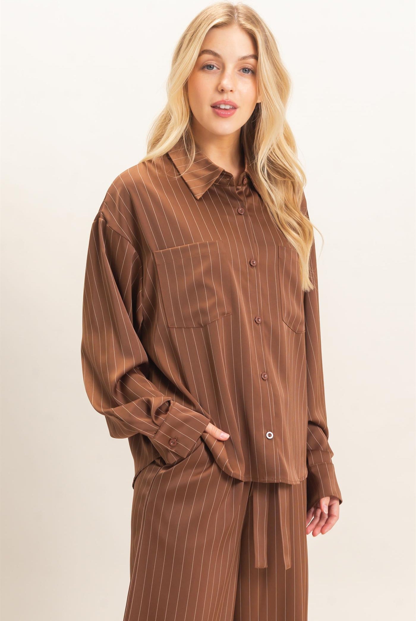 Wholesale Striped Button-Up Blouse Blouses HF26C953 CHOCOLATE HYFVE