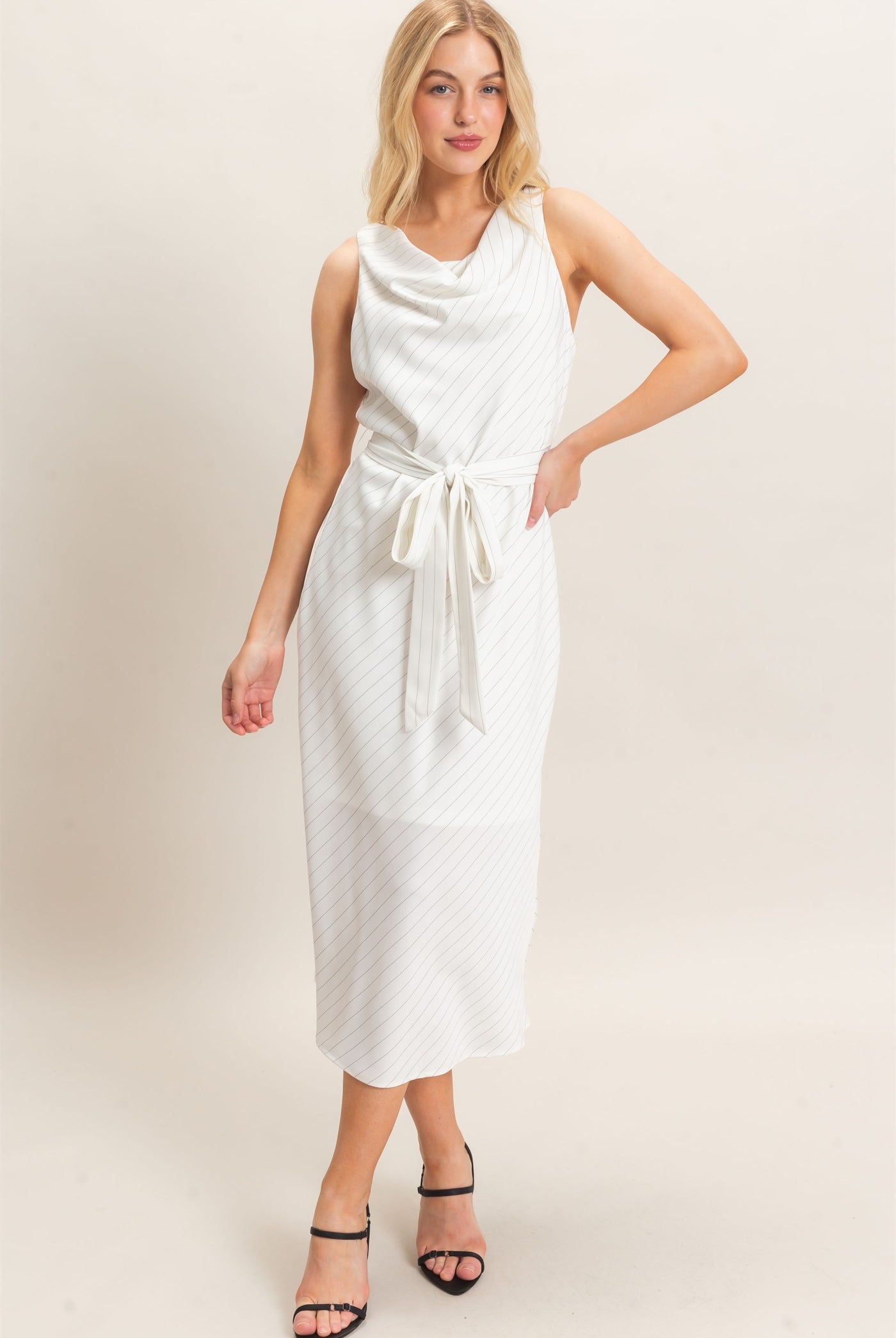Wholesale Cowl Neck Sleeveless Belted Dress Dresses HF25E739 WHITE HYFVE
