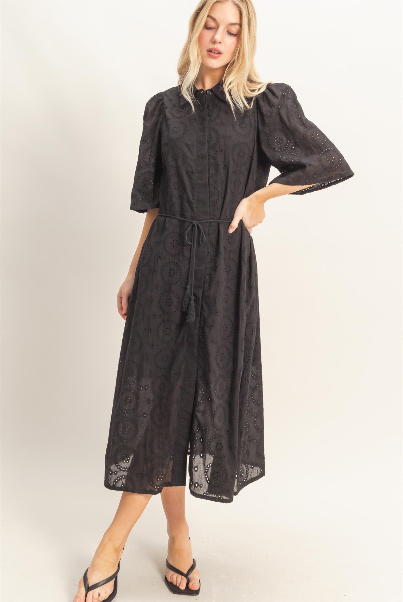 Wholesale Eyelet Collared Midi Dress Dresses HF26A021 BLACK HYFVE