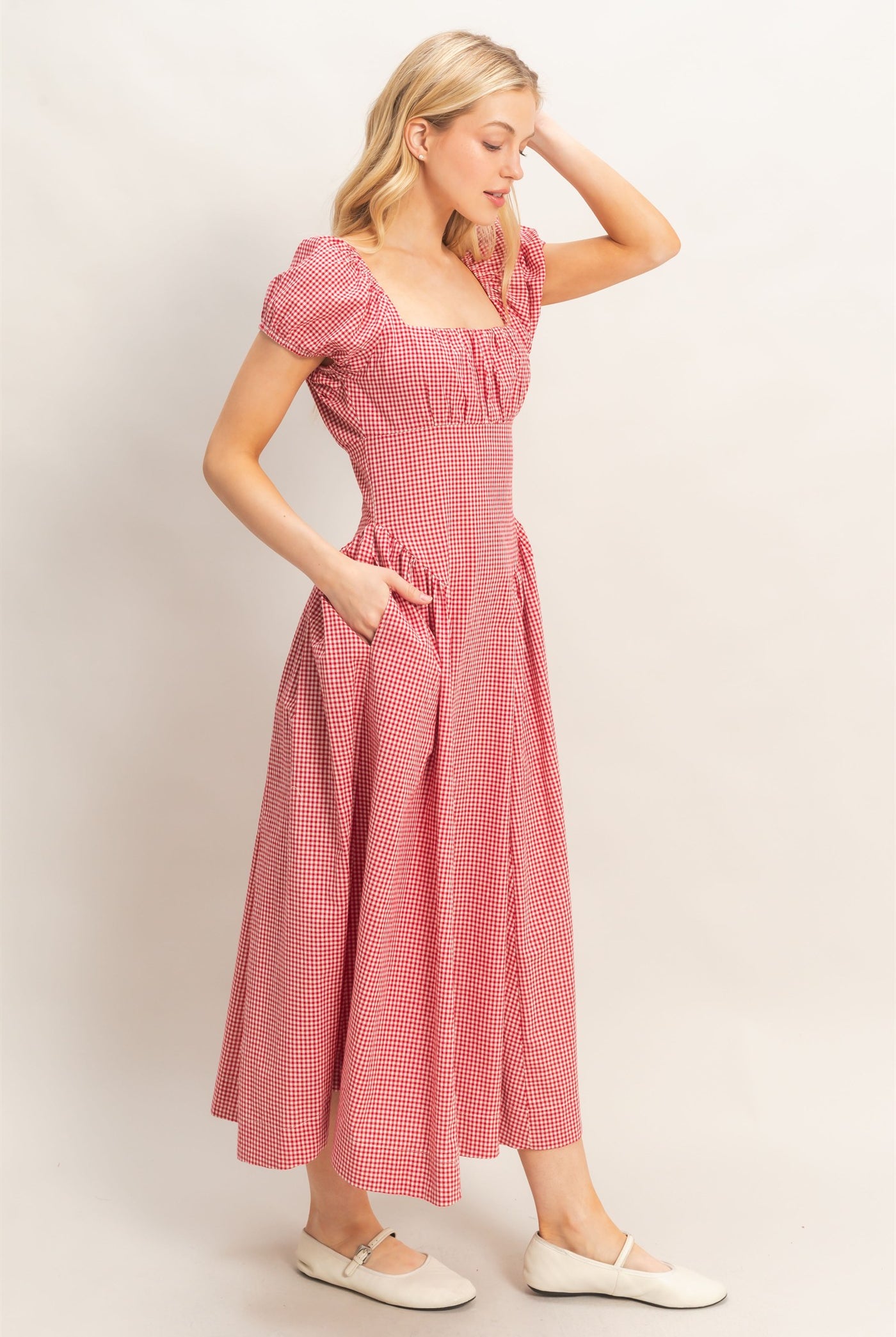 Wholesale Gingham Puff Sleeve Dress Dresses HF26A321 RED HYFVE