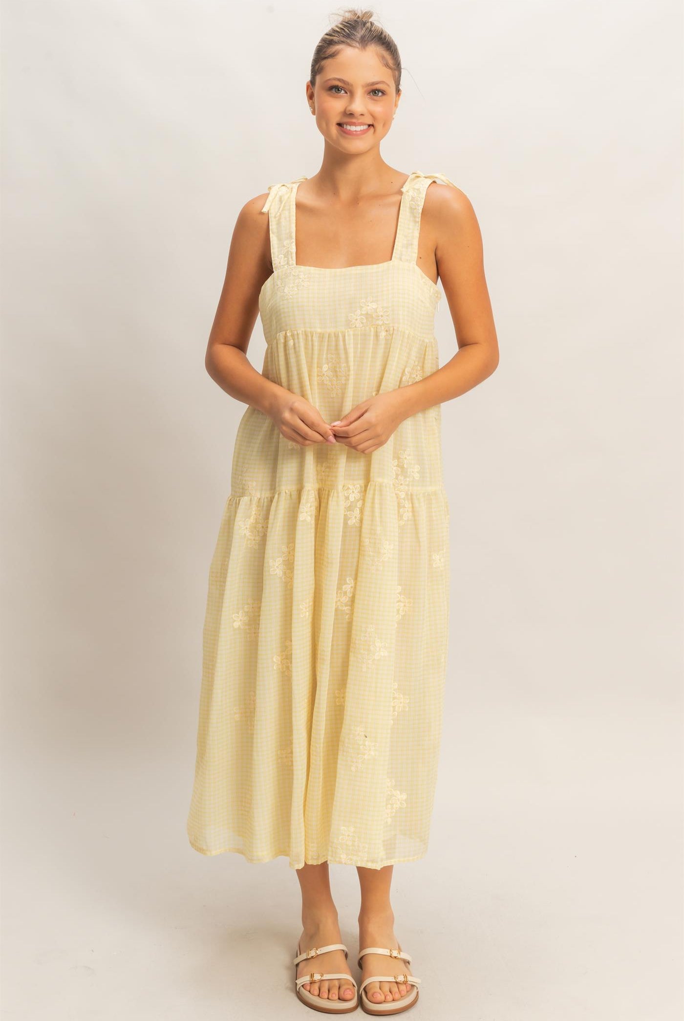 Wholesale Tiered Gingham Dress With Embroidery Dresses HF26A695 YELLOW HYFVE