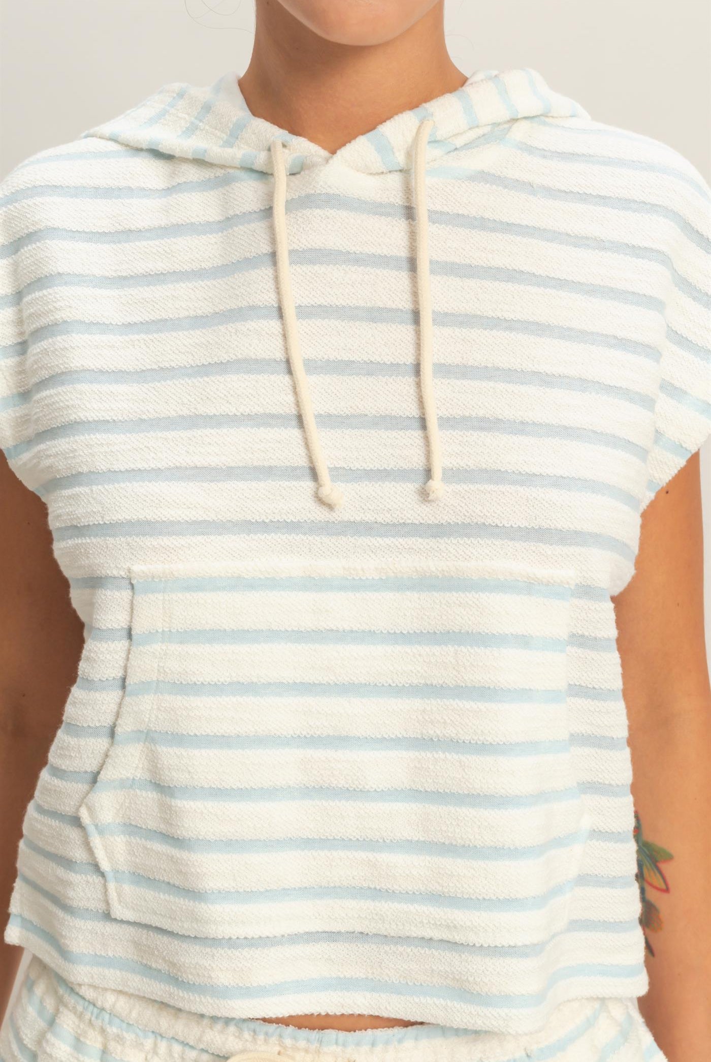 Wholesale Striped Hooded Top With Pocket Clothing Tops DZ26A755 BABY BLUE HYFVE