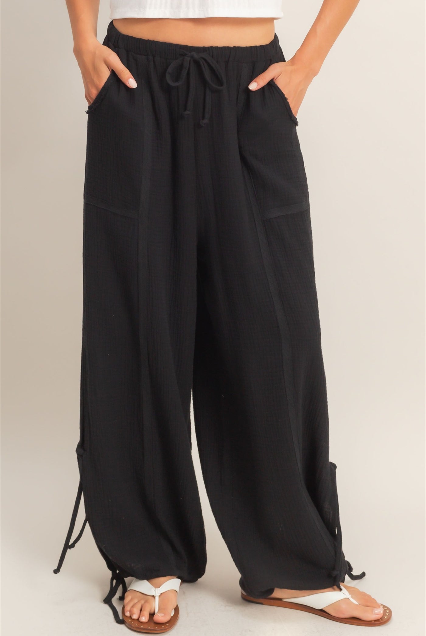 Wholesale Gauze Drawstring Jogger Pants Joggers HF26A822 BLACK HYFVE