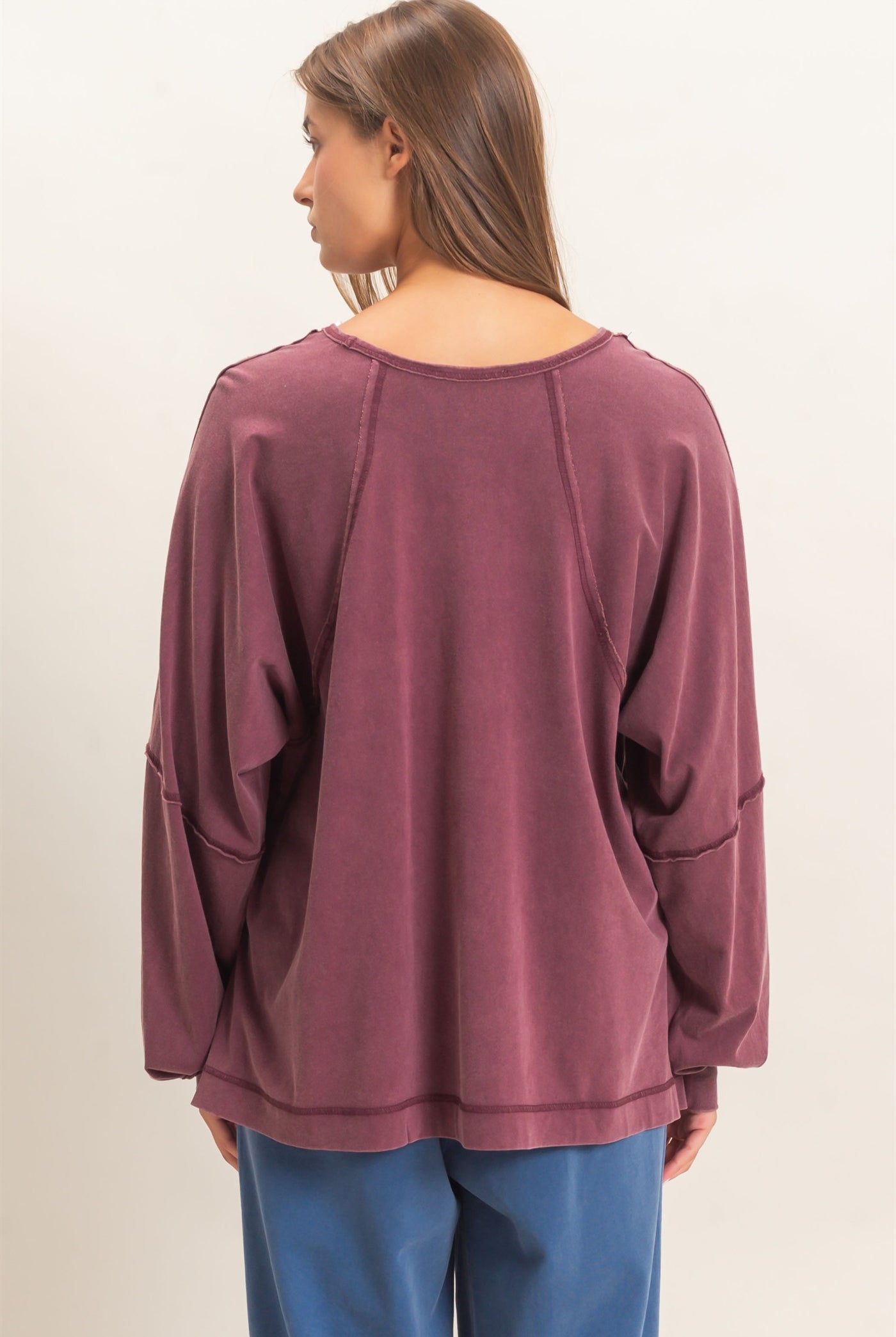 Wholesale Raglan Sleeve Snow Wash Top Shirts DZ26E945 DARK CHERRY DOUBLE ZERO