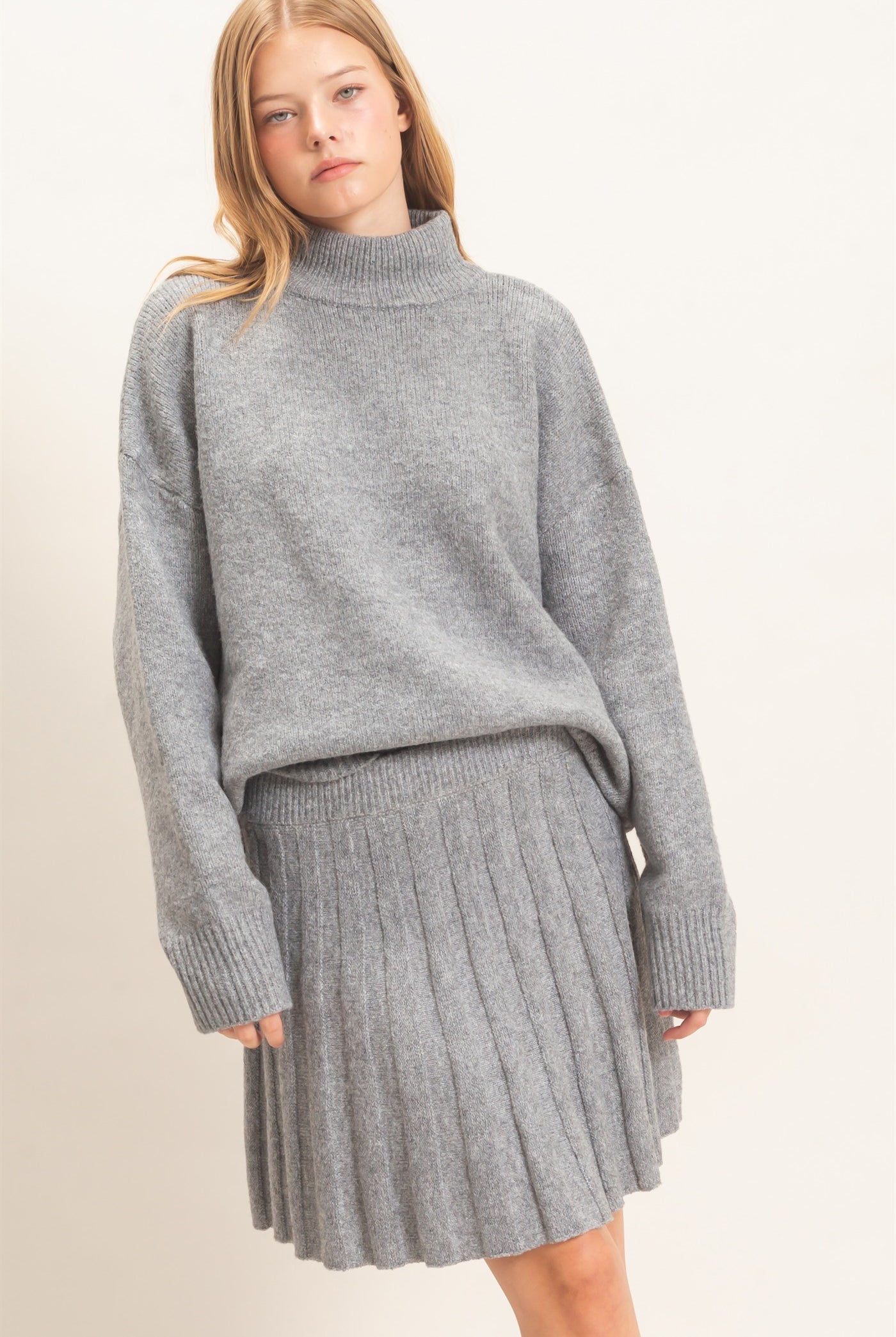 Wholesale Mock Neck Sweater And Pleated Skirt Set Clothing HF26F232-SET H.GRAY HYFVE