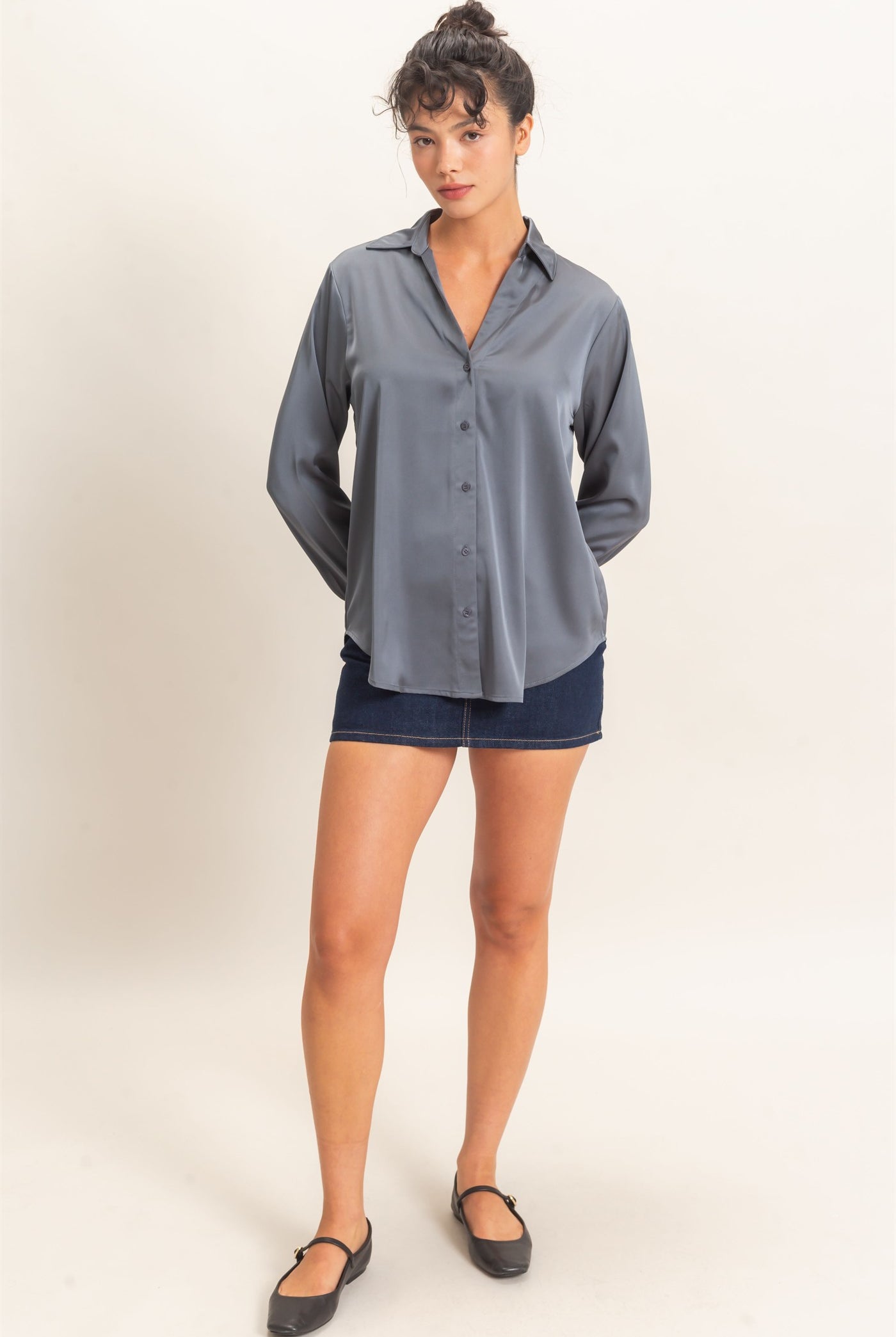 Wholesale Satin Button-Down Shirts Shirts DZ26E265 DARK GRAY DOUBLE ZERO